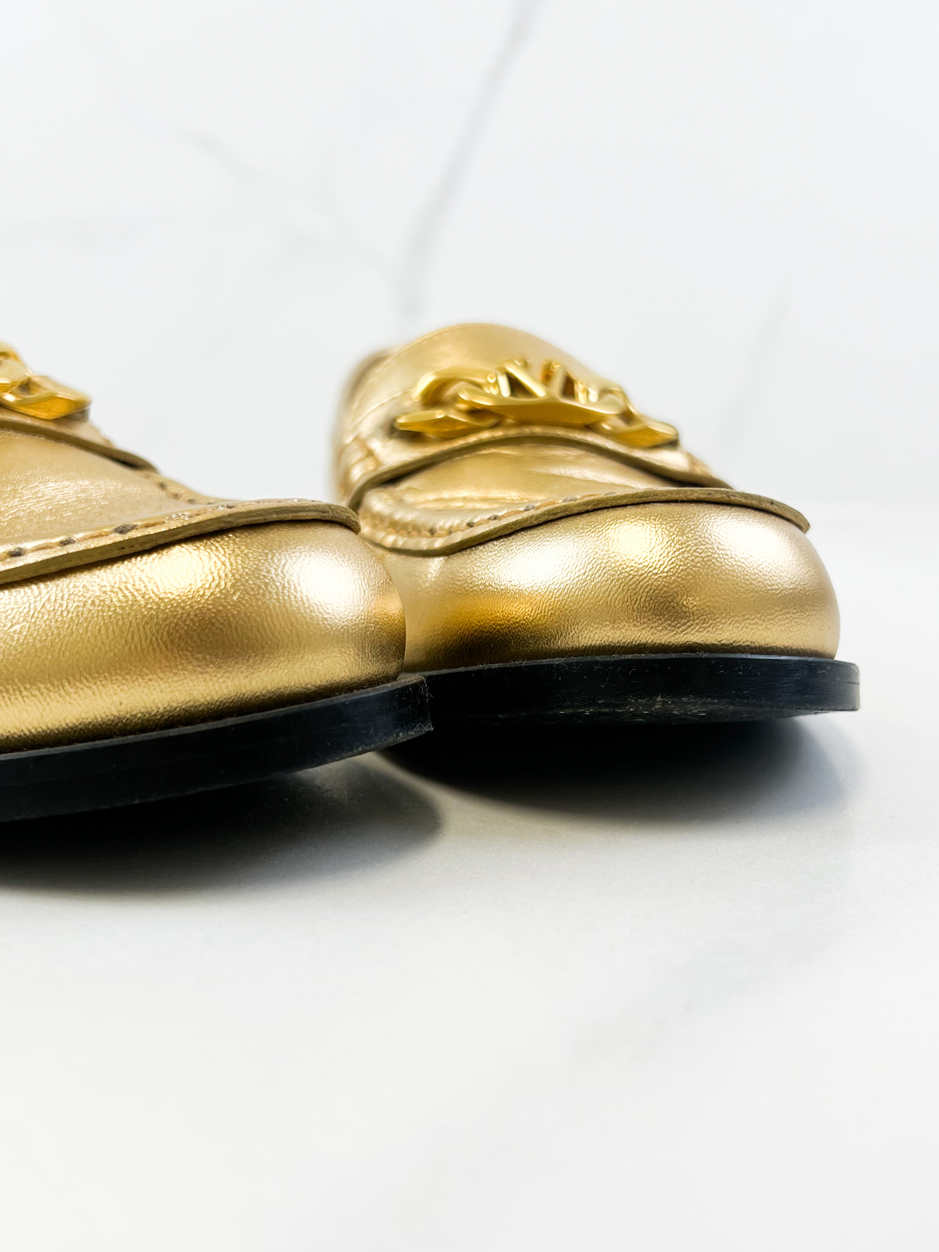 Valentino Logo Loafer in Metallic Gold with GHW Size 38