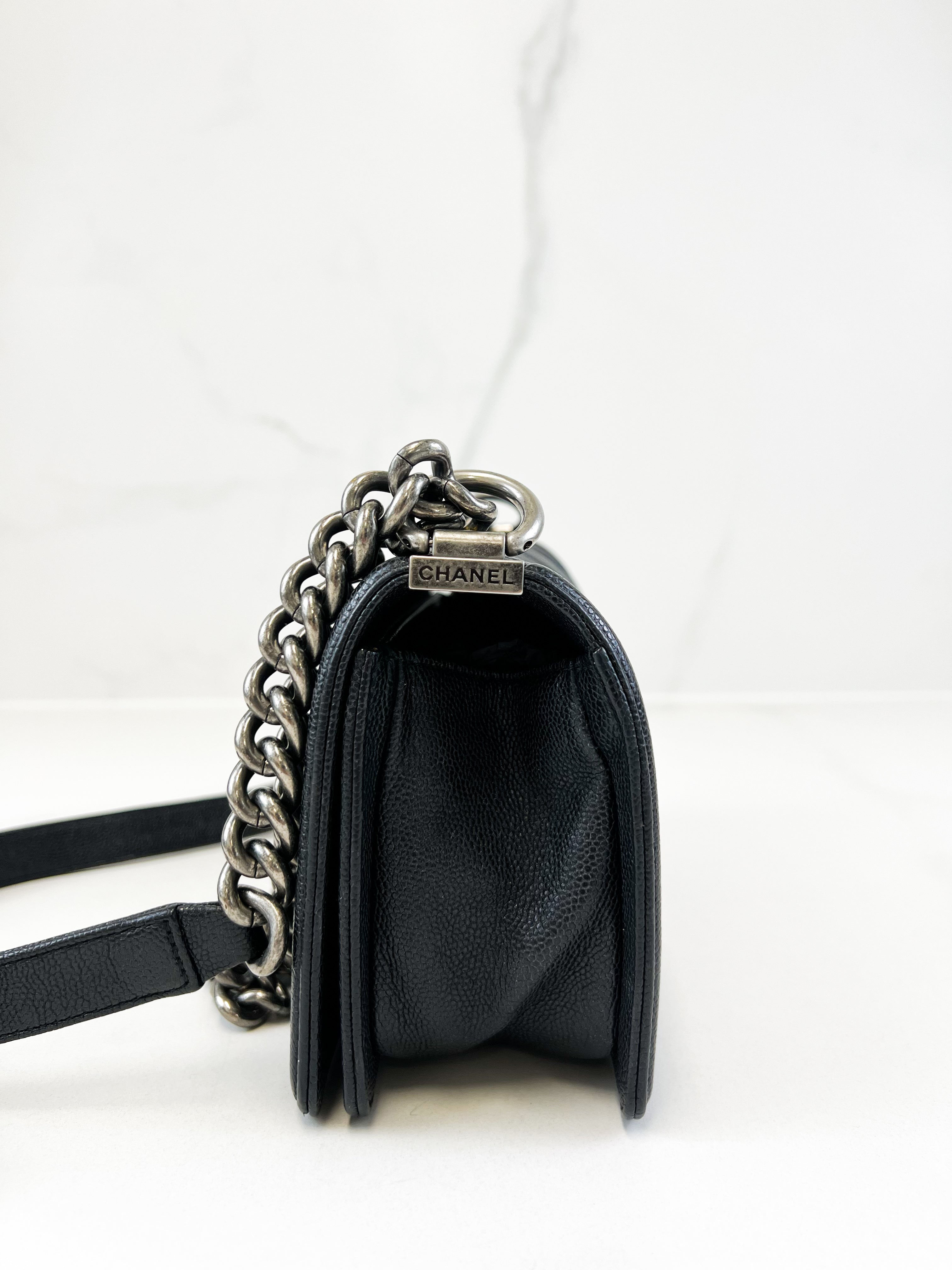 Chanel Caviar Small Chevron Boy Bag with Ruthenium Hardware