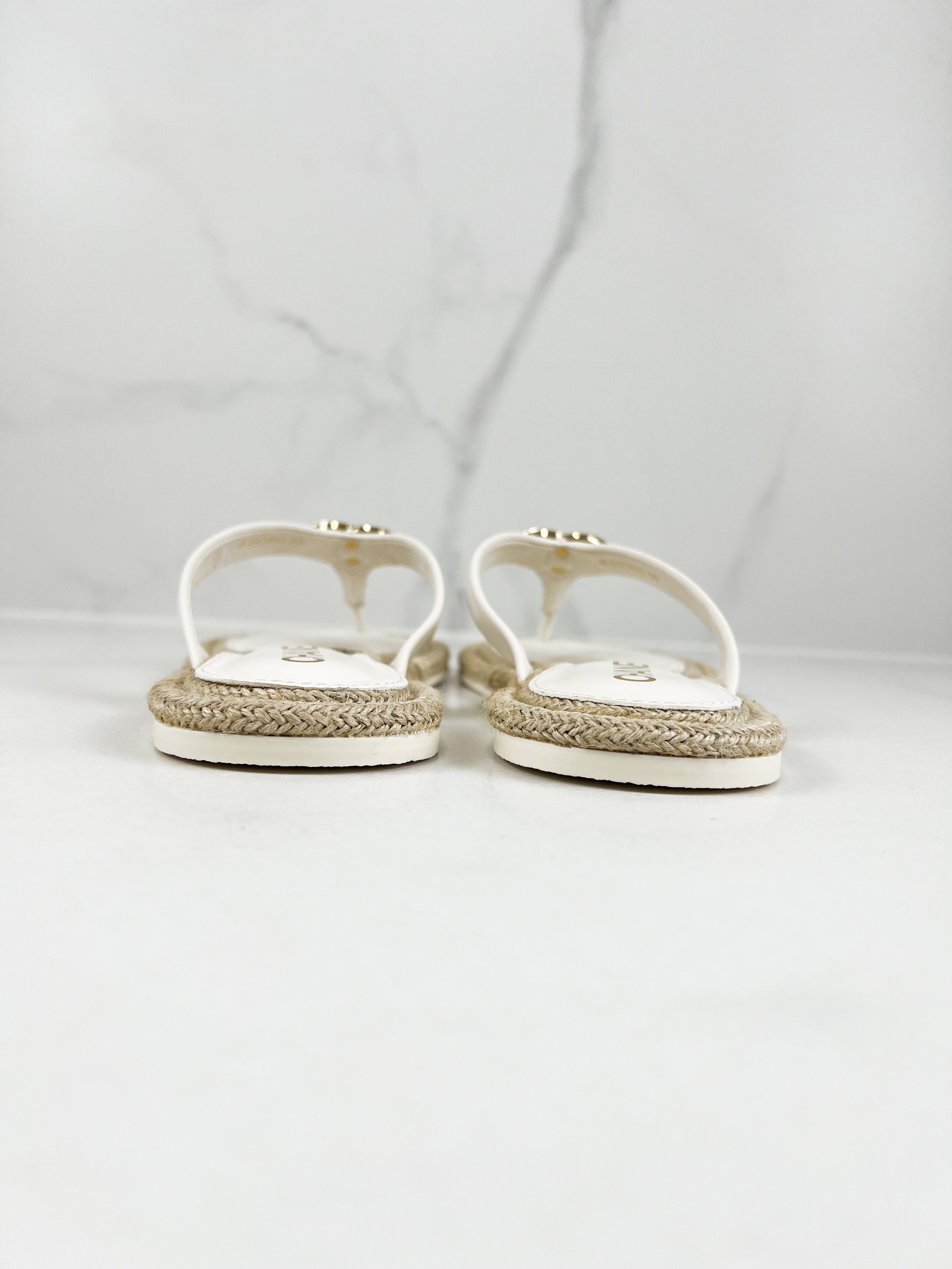 Chanel White Raffia Thong Sandal with CC Logo GHW Size 39