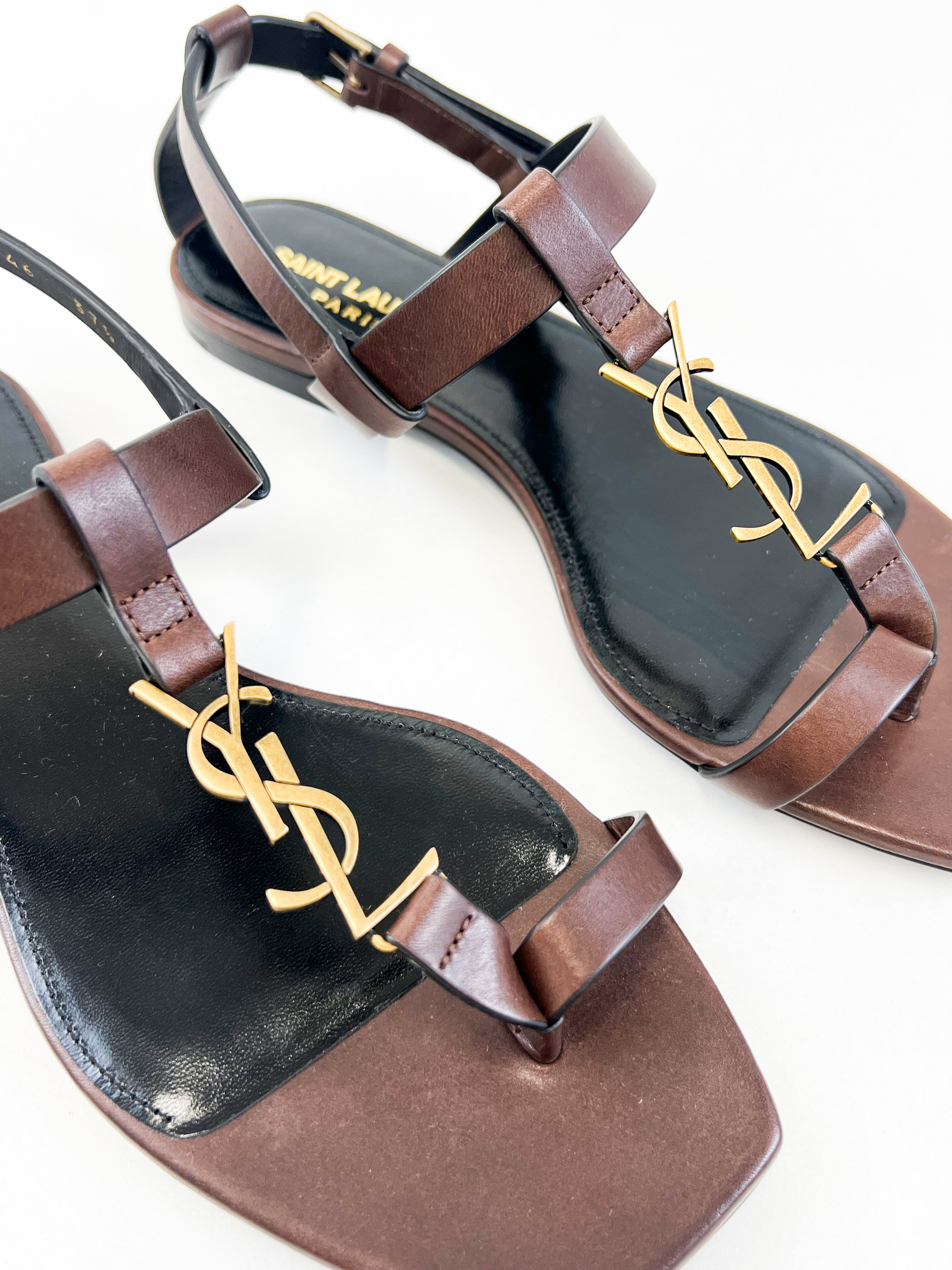 Saint Laurent Cassandra Flat Sandal in Chocolate Patent Leather 37.5