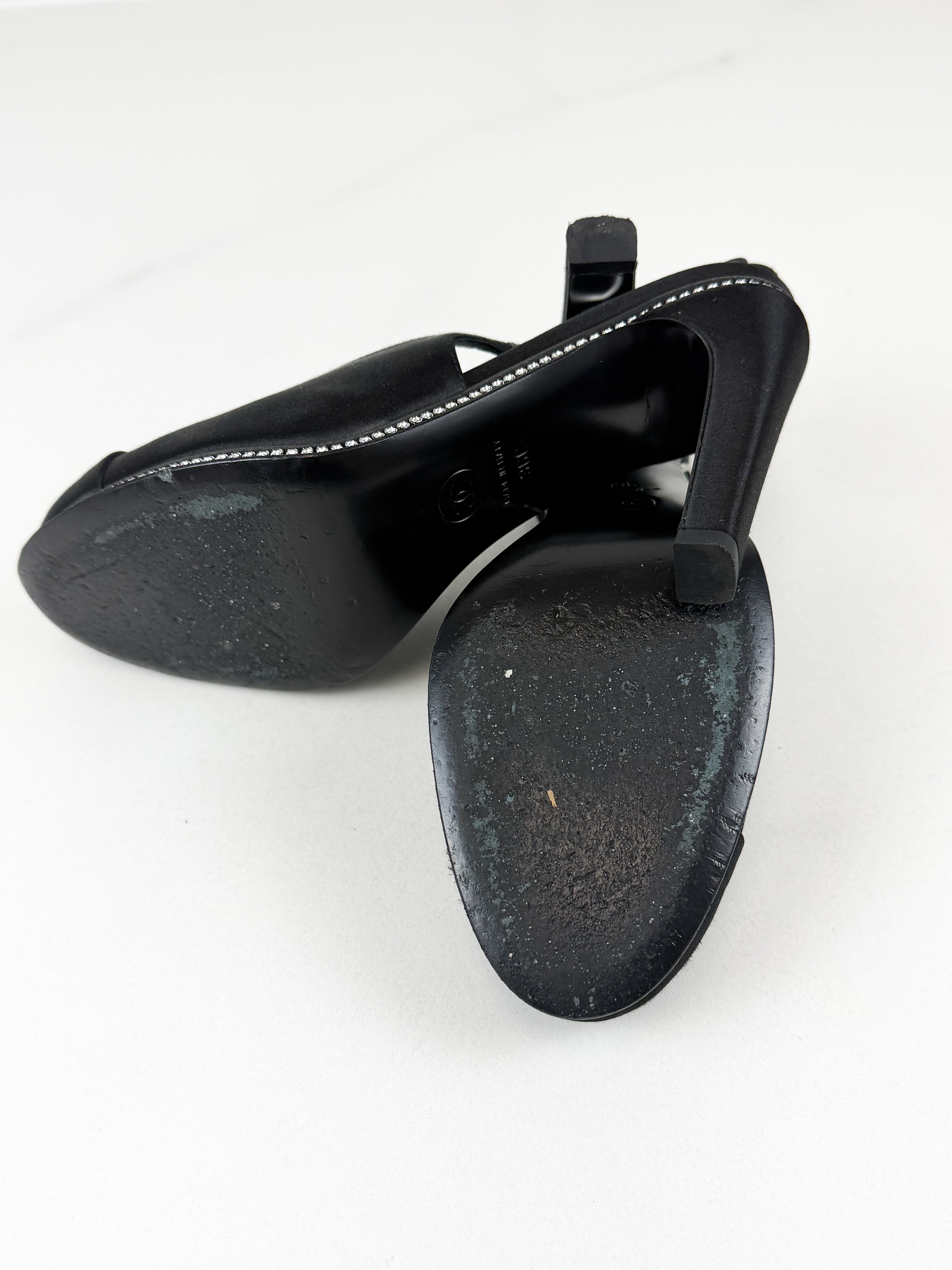 Chanel CC Logo Black Satin Slingback Pumps with Rhinestone Trim Size 36C
