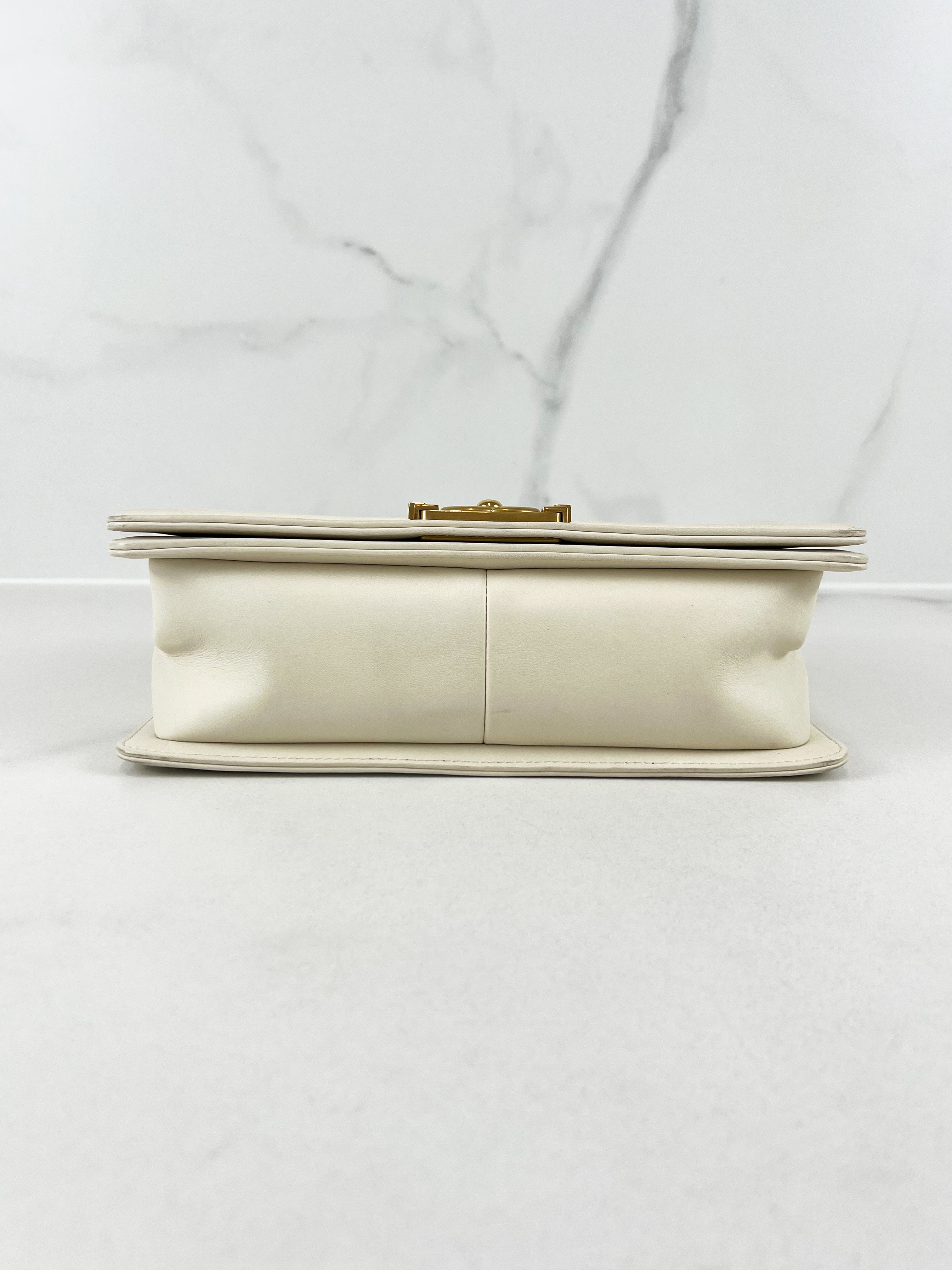 Chanel Old Medium Boy Bag in White Chevron Calfskin with Vintage GHW