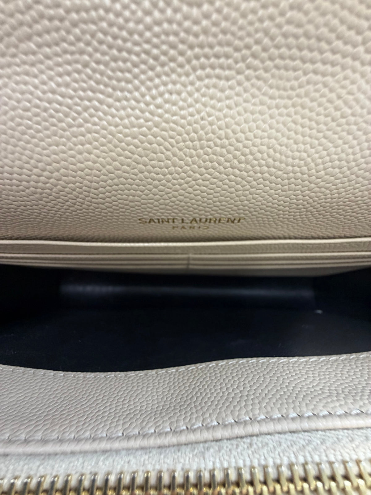Saint Laurent Dark Beige Cassandre Envelope WOC in Grain De Poudre Leather with GHW