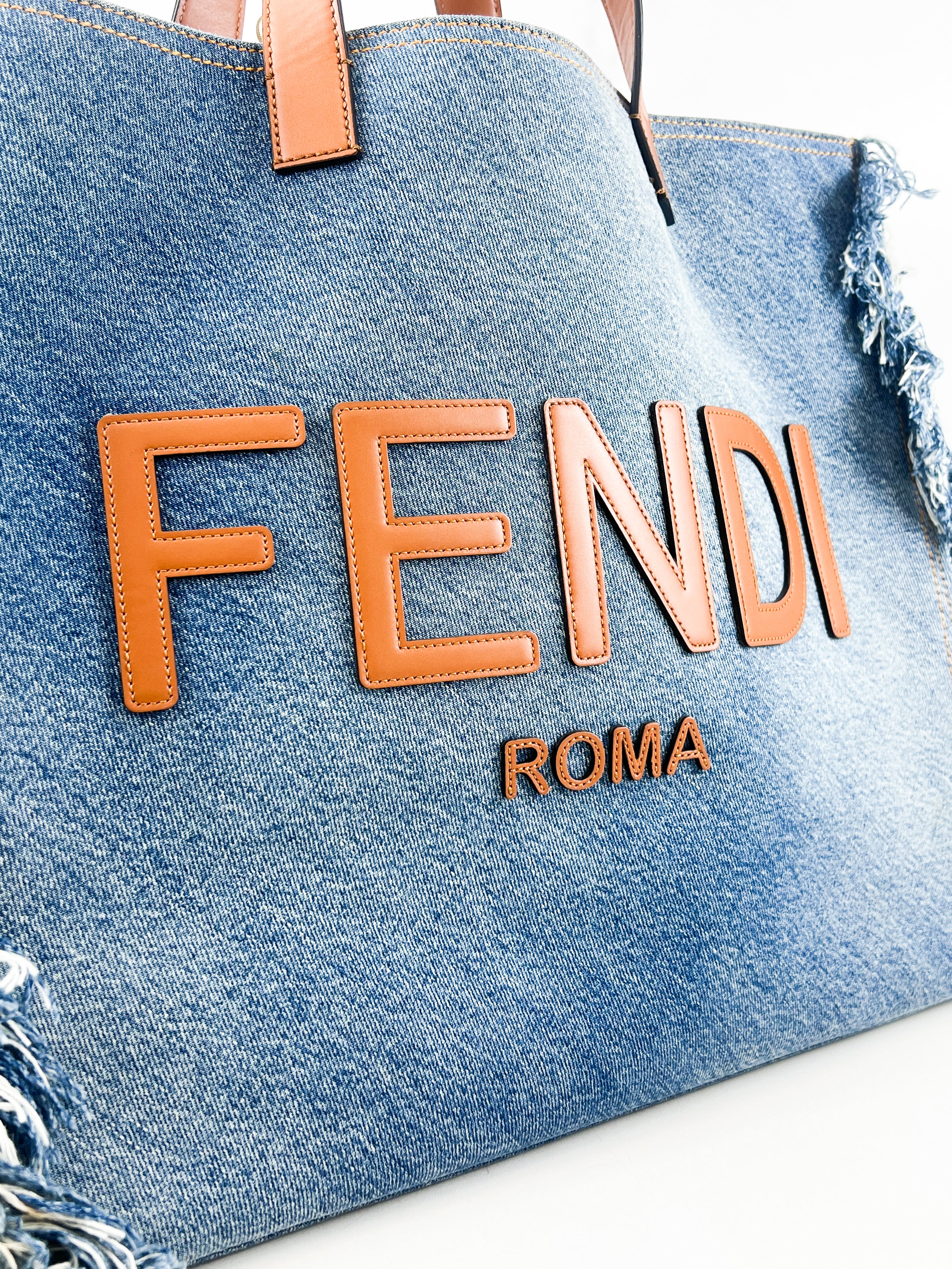 Fendi Blue Denim Fringe Medium Sunshine Tote Bag