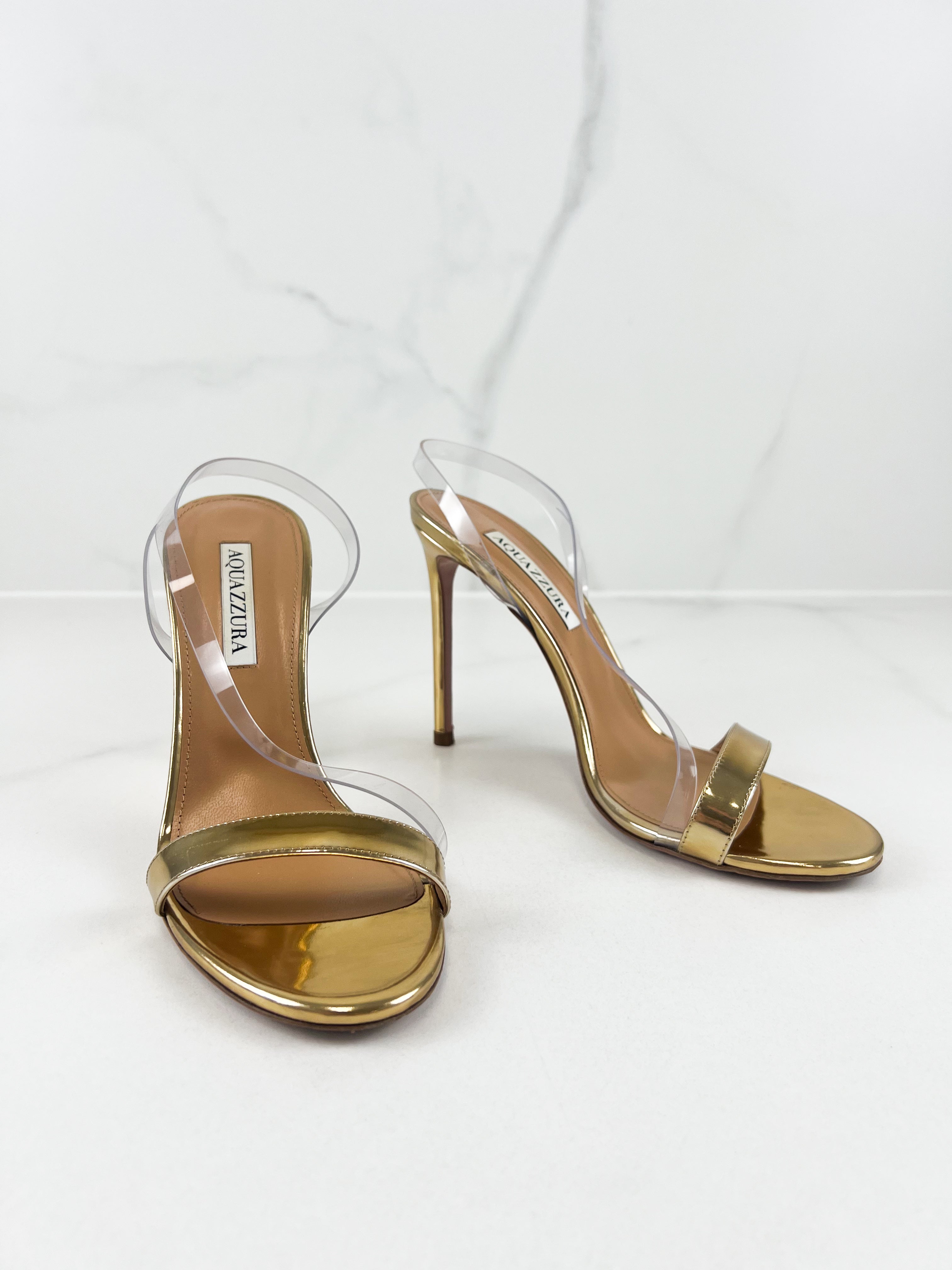 Aquazzura Kiss Sandal 105mm in PVC & Gold Size 38