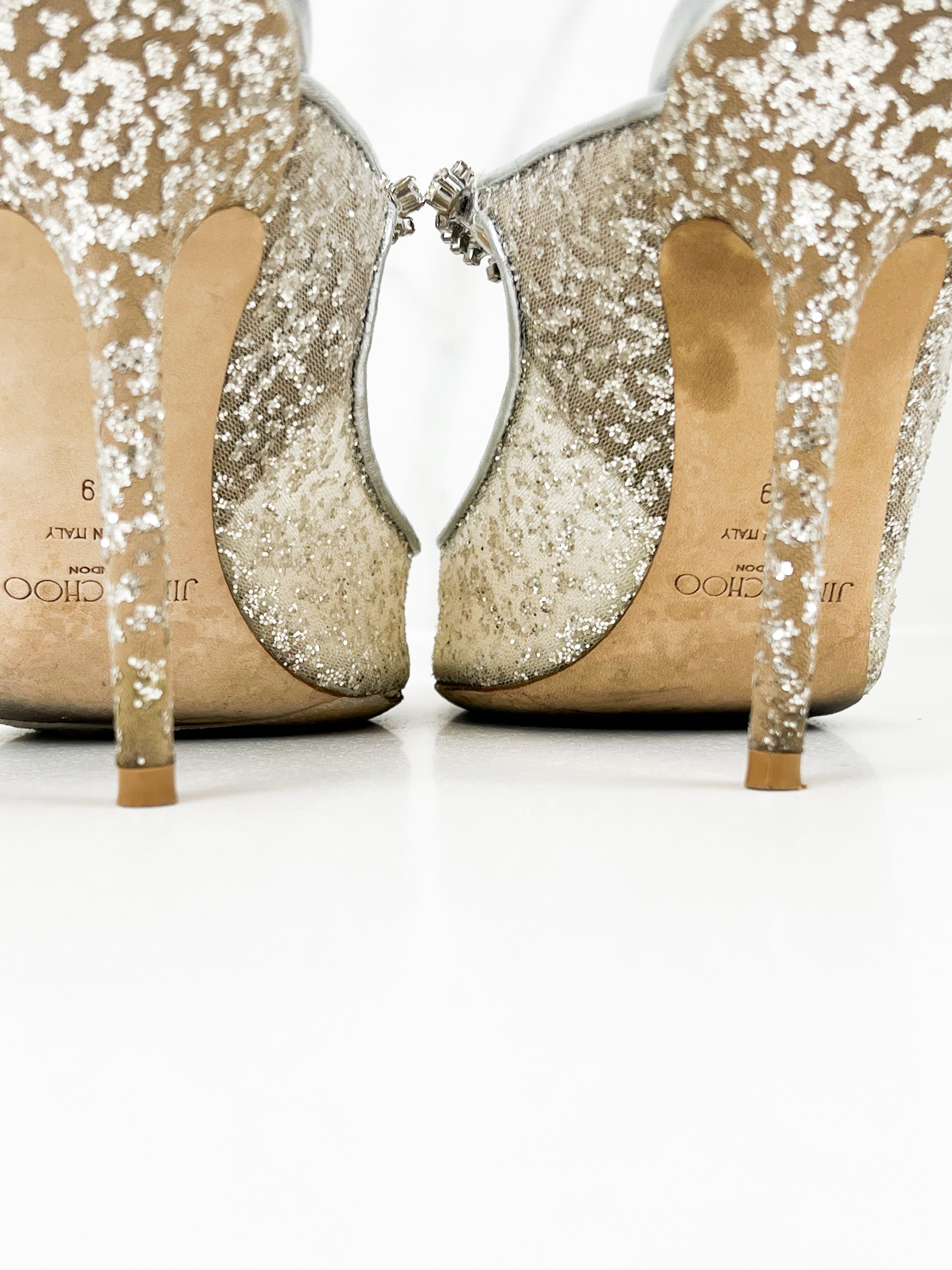 Jimmy Choo Bing Silver Glitter Fabric Mule Size 39