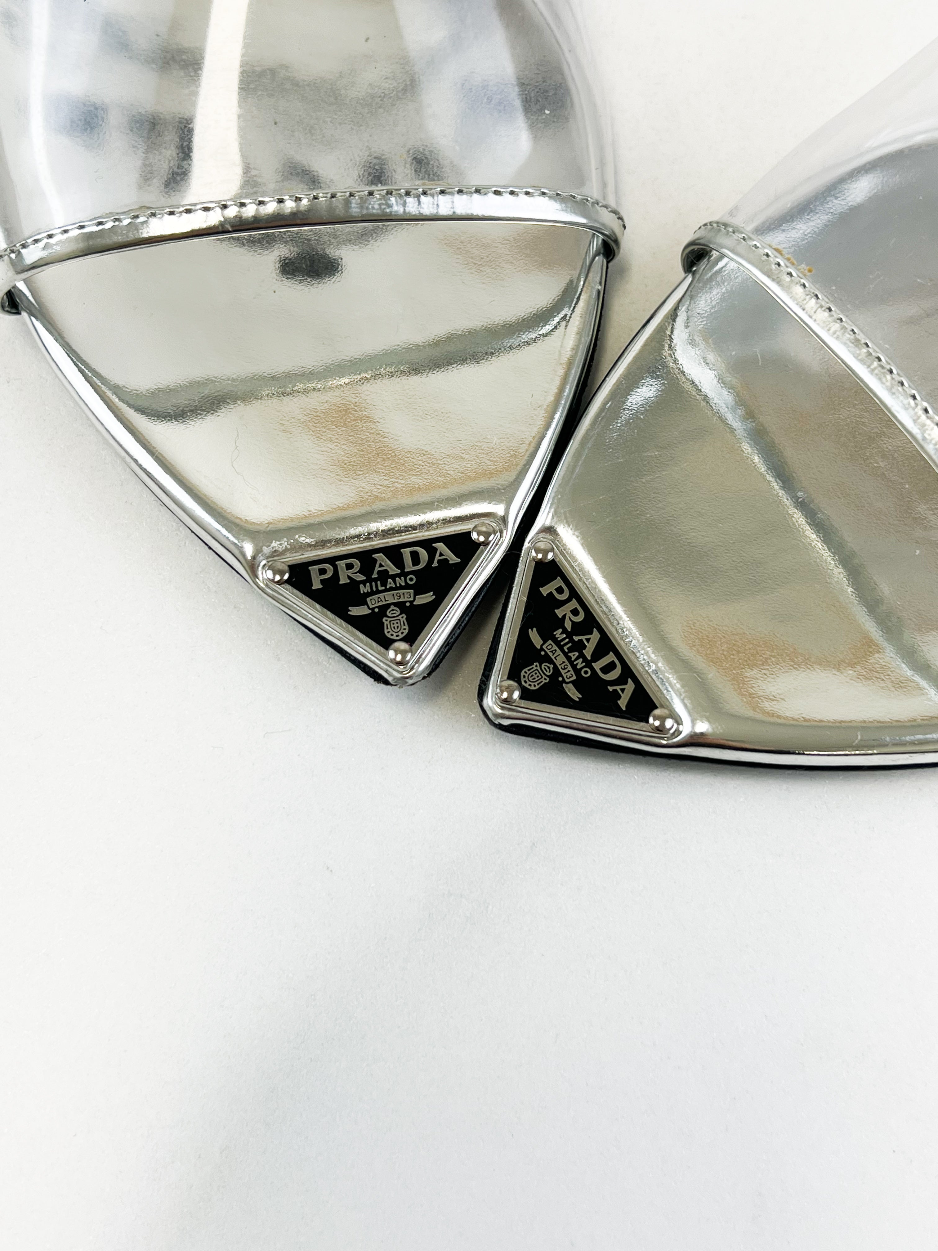 Prada Leather Silver PVC Slides Size 38