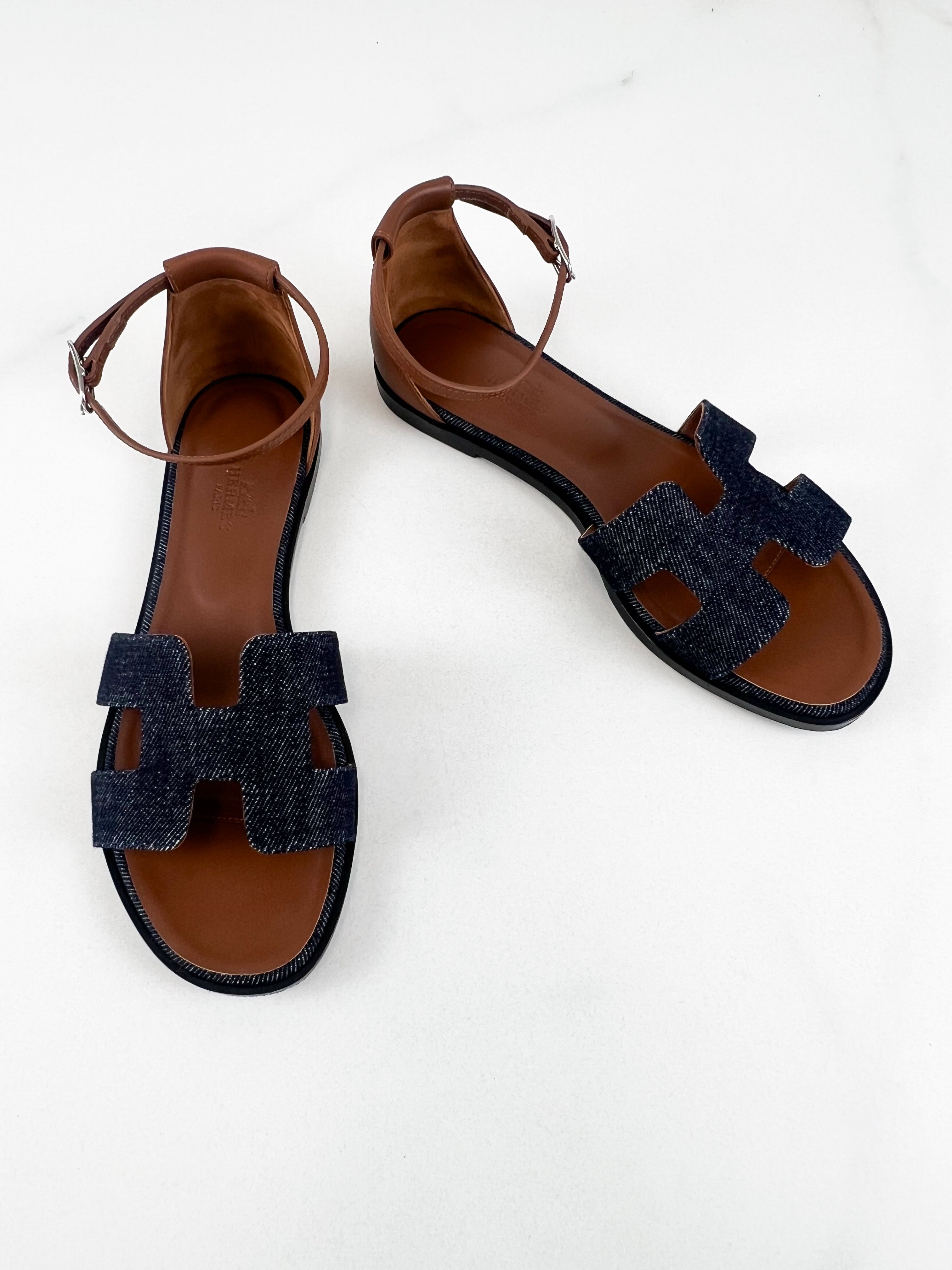 Hermes Denim Santorini Sandals Size 38.5