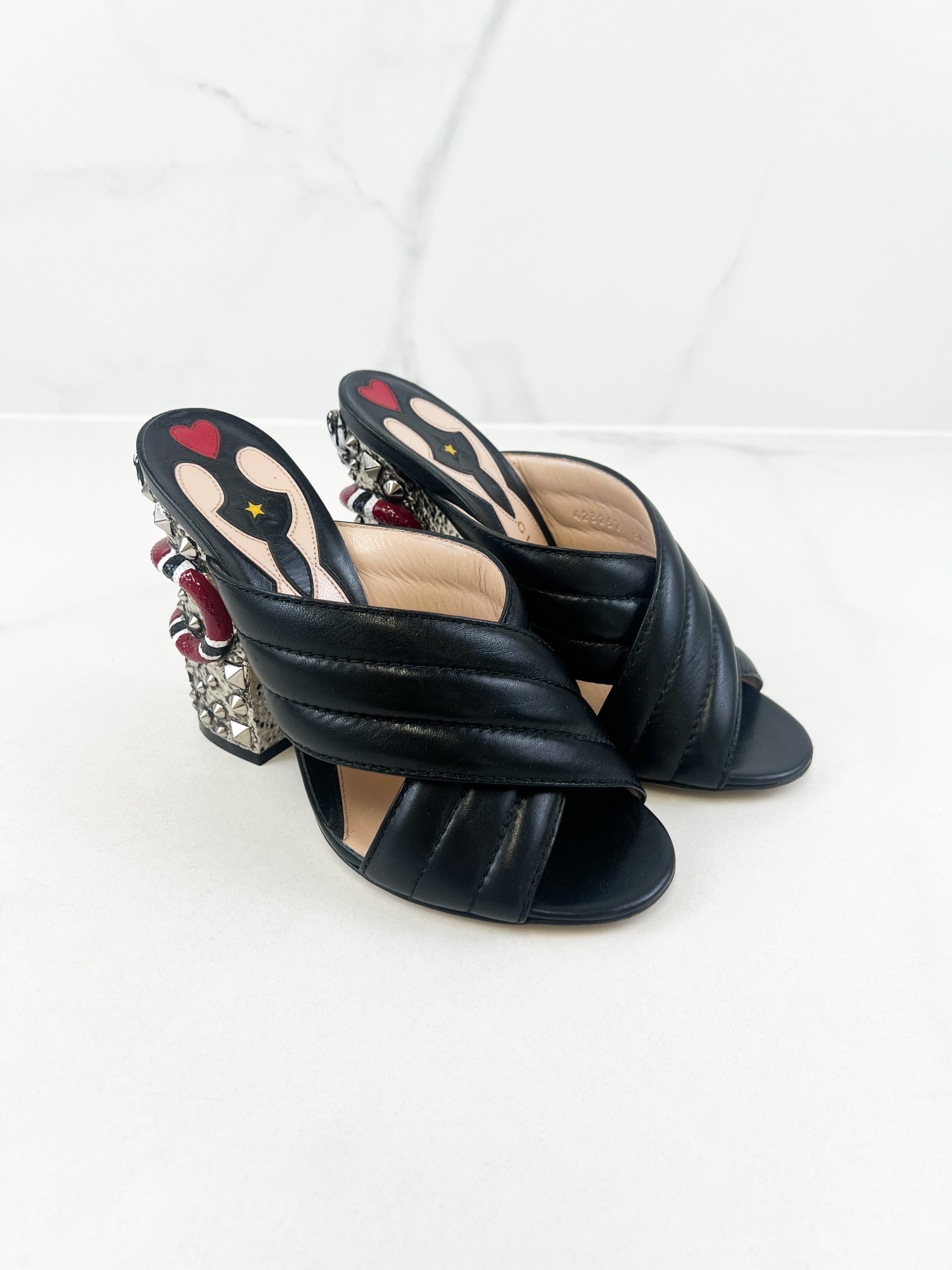 Gucci Webby Quilted Leather Snake Heel Mules Size 38