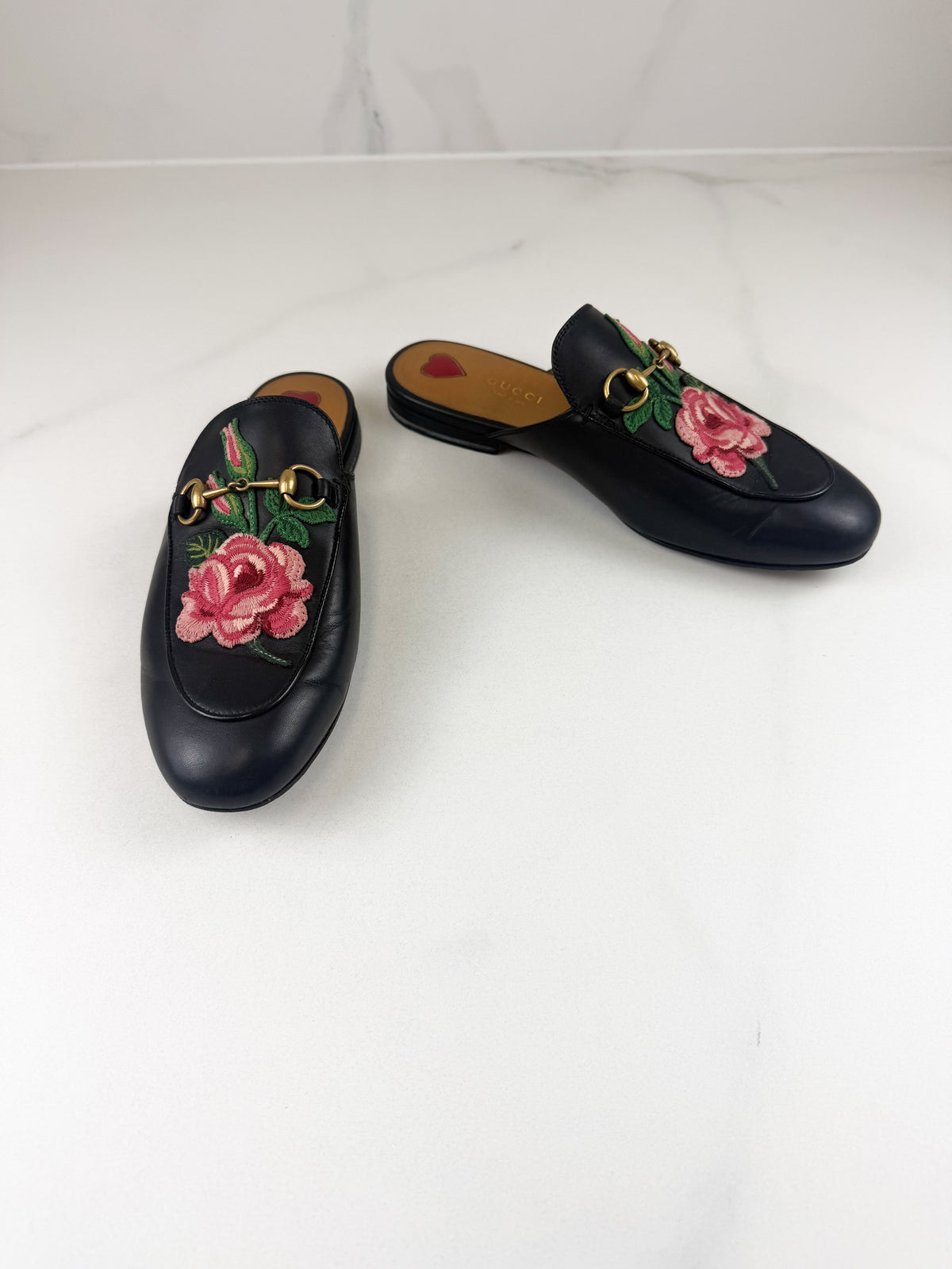 Gucci Princetown Rose Embroidered Leather Mule Size 38