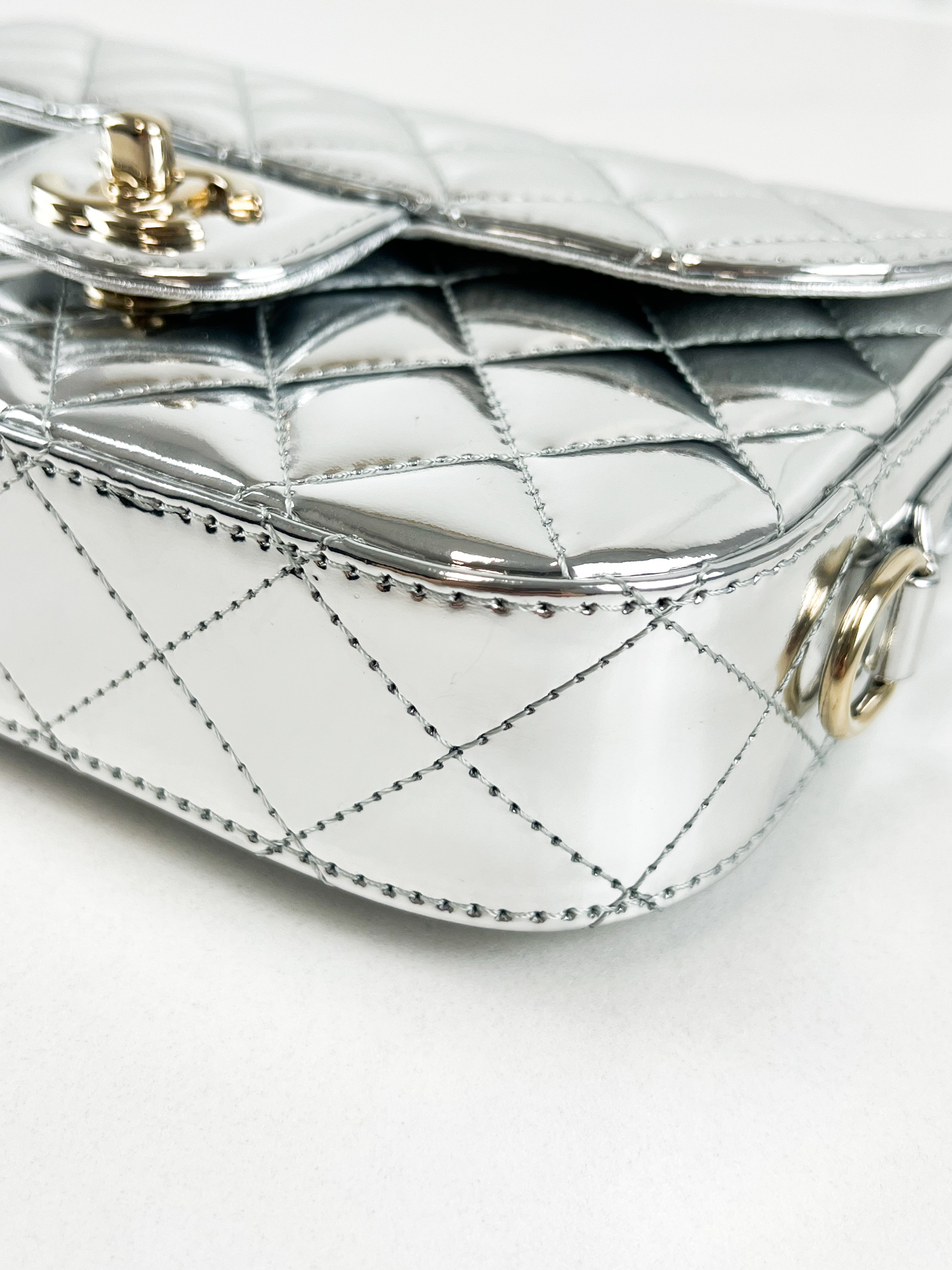 Chanel Patent Mini Square in Silver with SHW