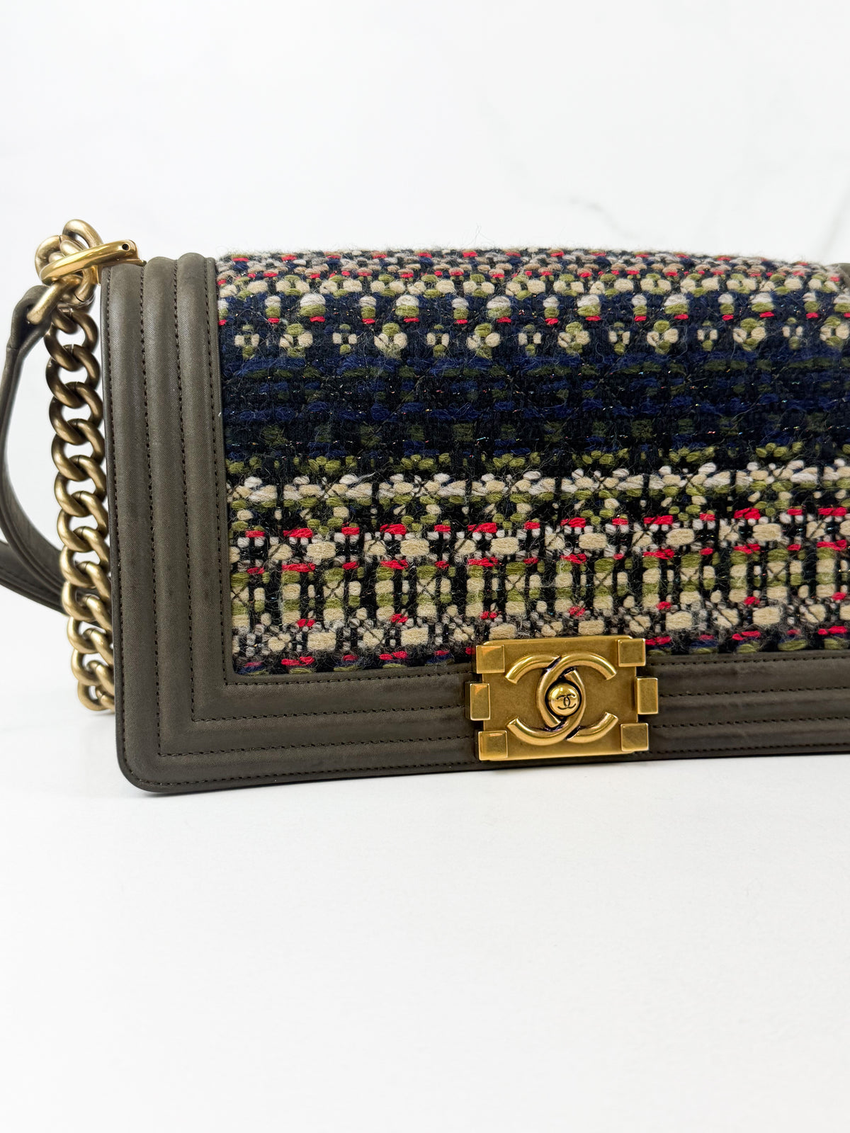 Chanel Khaki Fantasy Tweed Medium Boy Bag