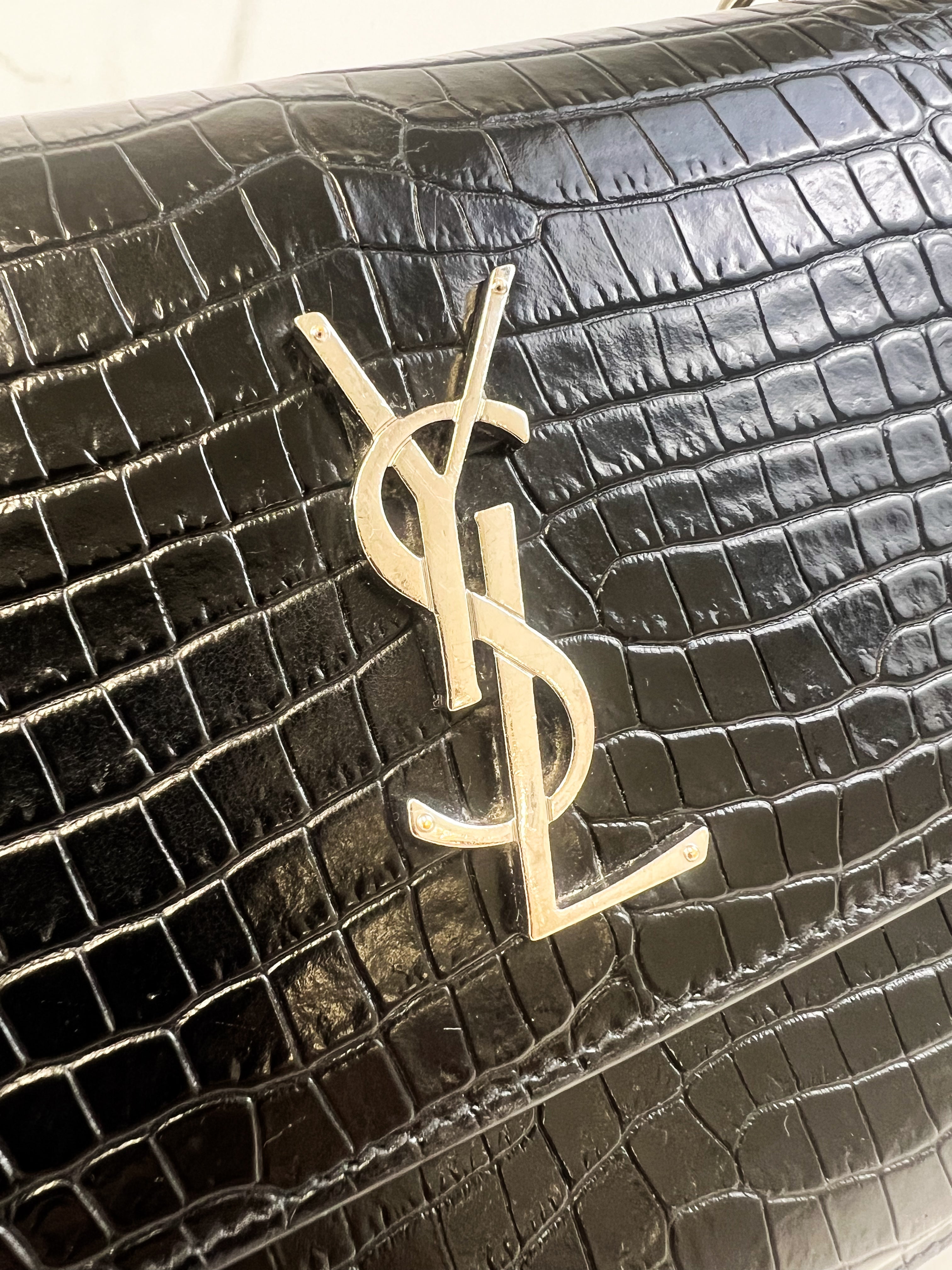 Saint Laurent Sunset Medium Black Croc Shoulder Bag with SHW