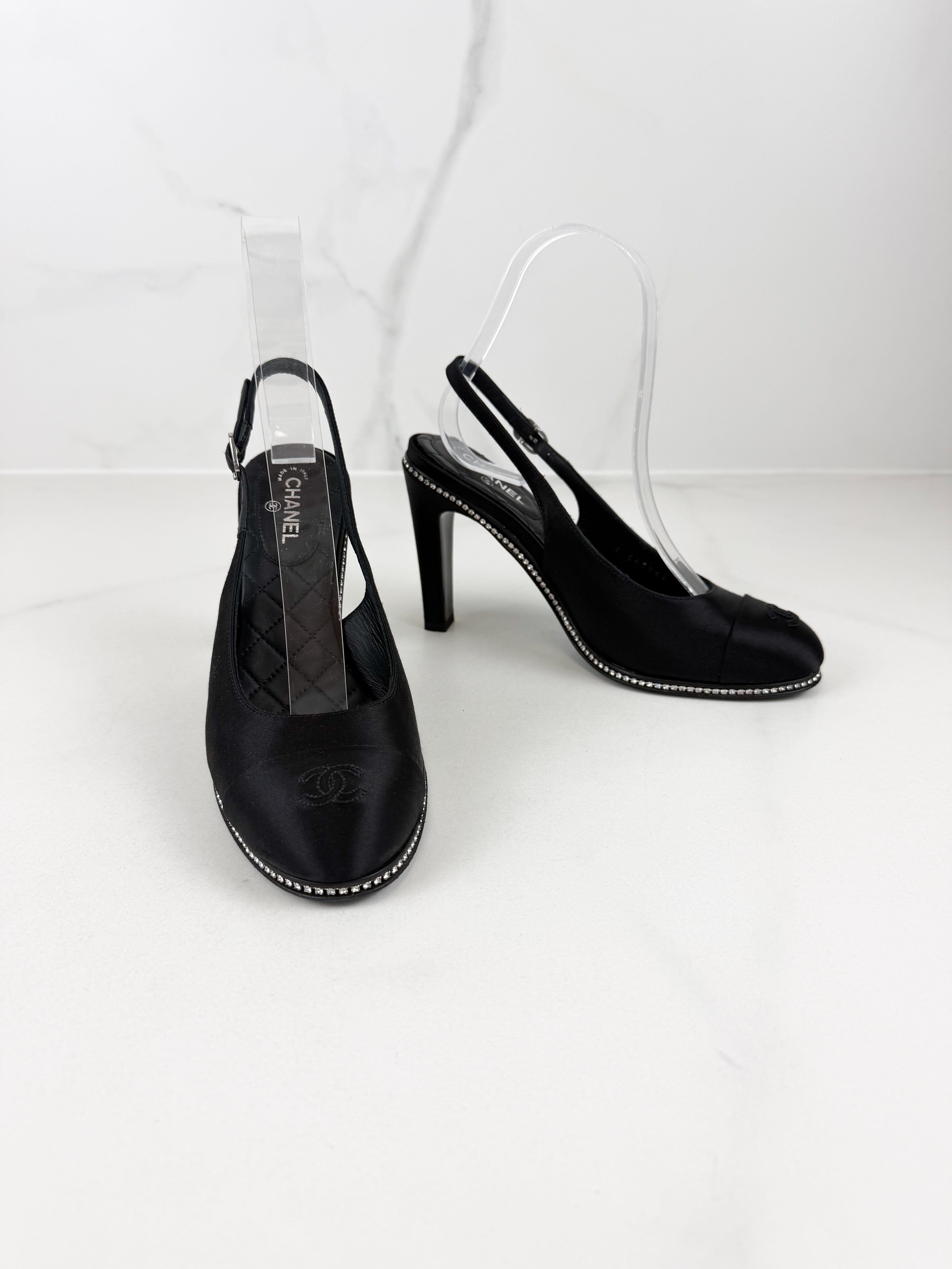 Chanel CC Logo Black Satin Slingback Pumps with Rhinestone Trim Size 36C