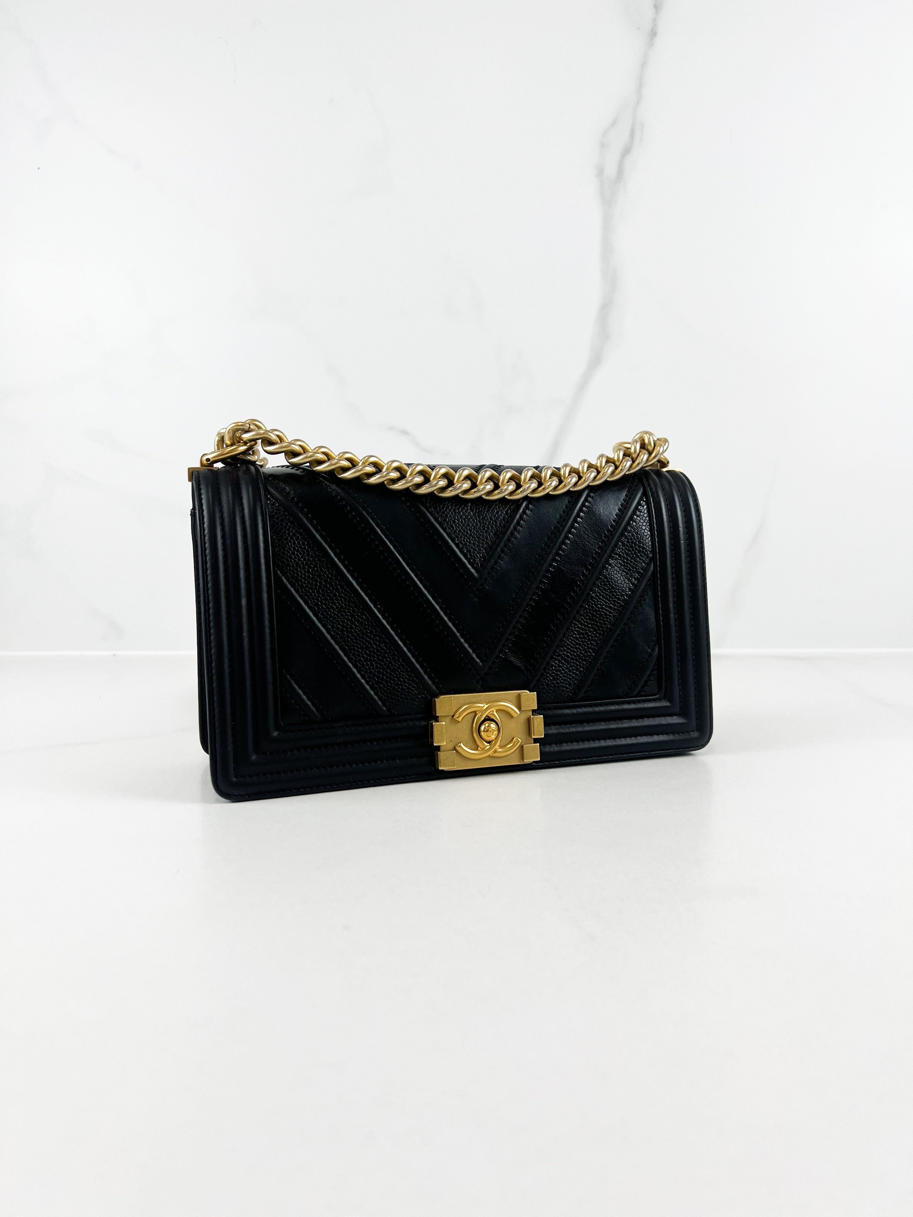 Chanel Old Medium Boy Bag in Black Chevron Calfskin with Vintage GHW