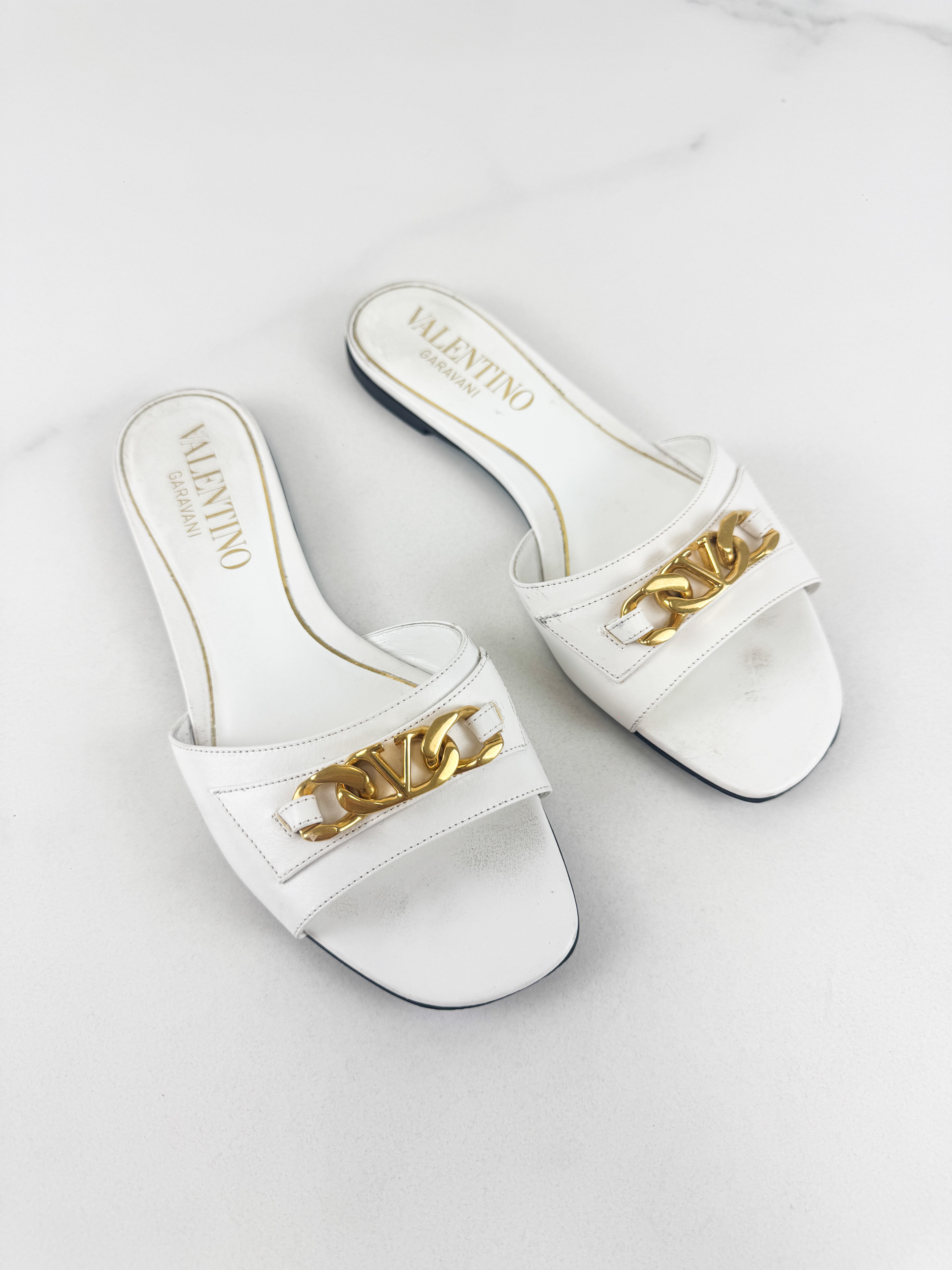 Valentino Garavani VLogo Chainslide Slide in White Leather Size 37