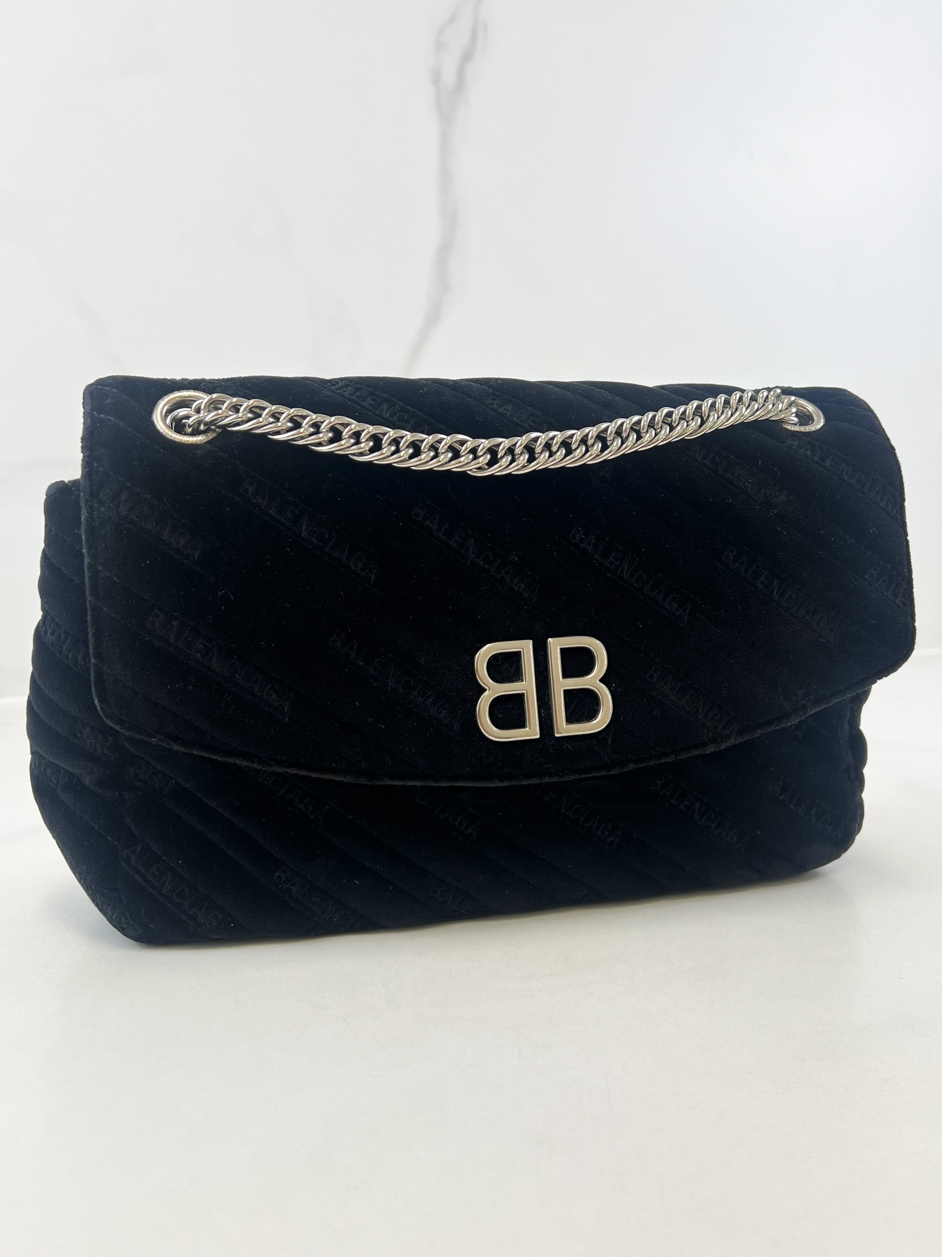 Balenciaga Black Logo Velvelt Shoulder Bag