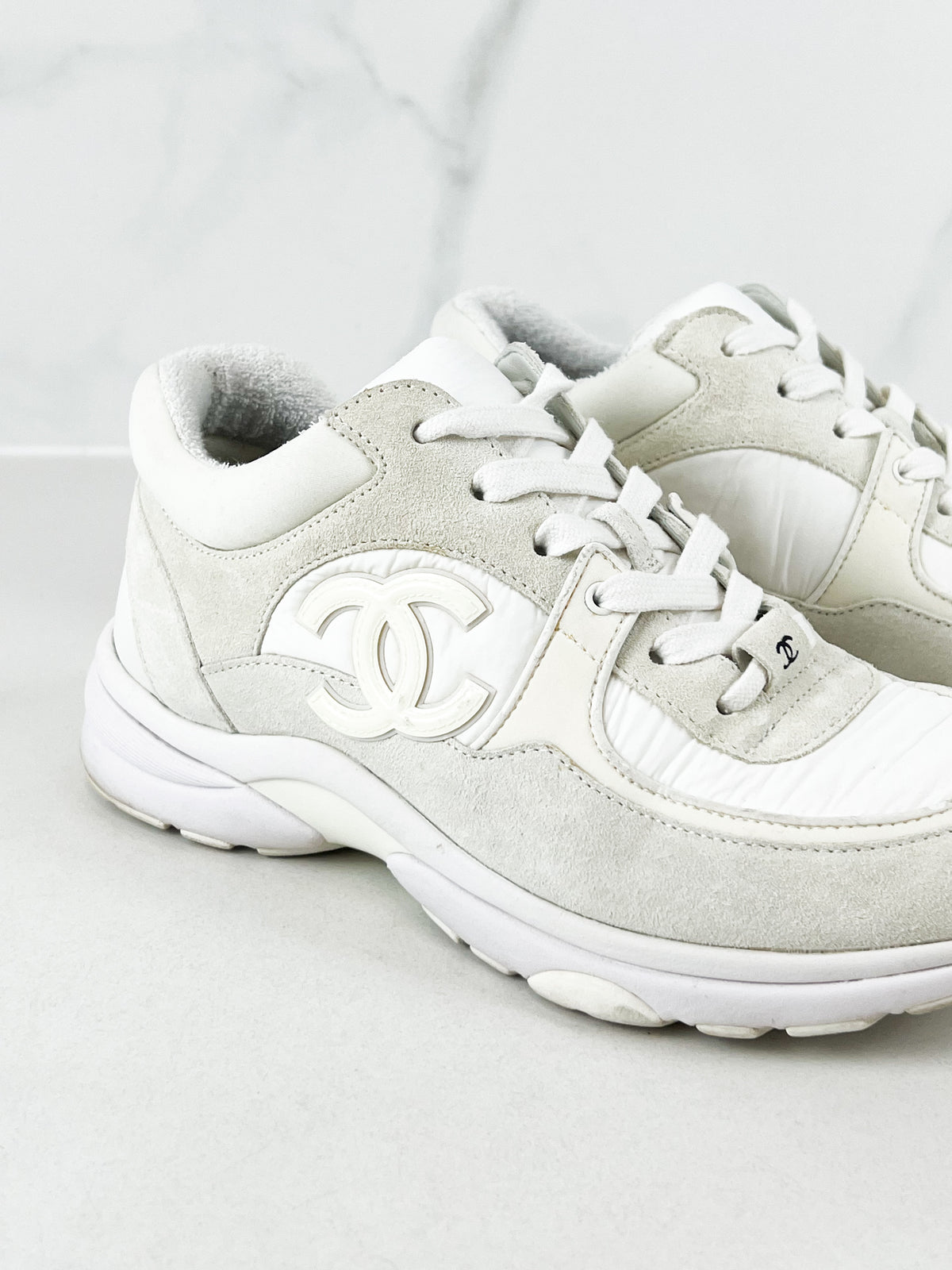 Chanel Fabric & Suede CC Low Top Sneakers In Ivory Size 37.5