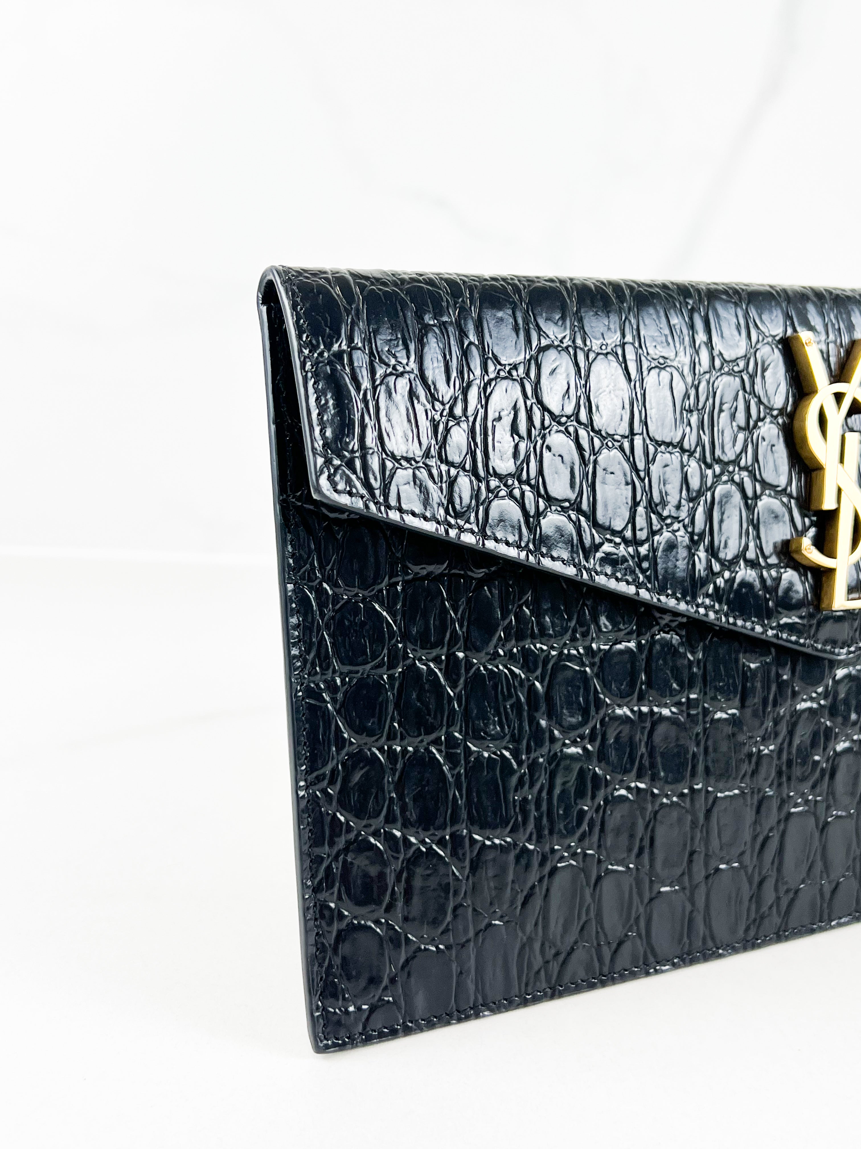 Saint Laurent Black Croc Uptown Envelope Clutch