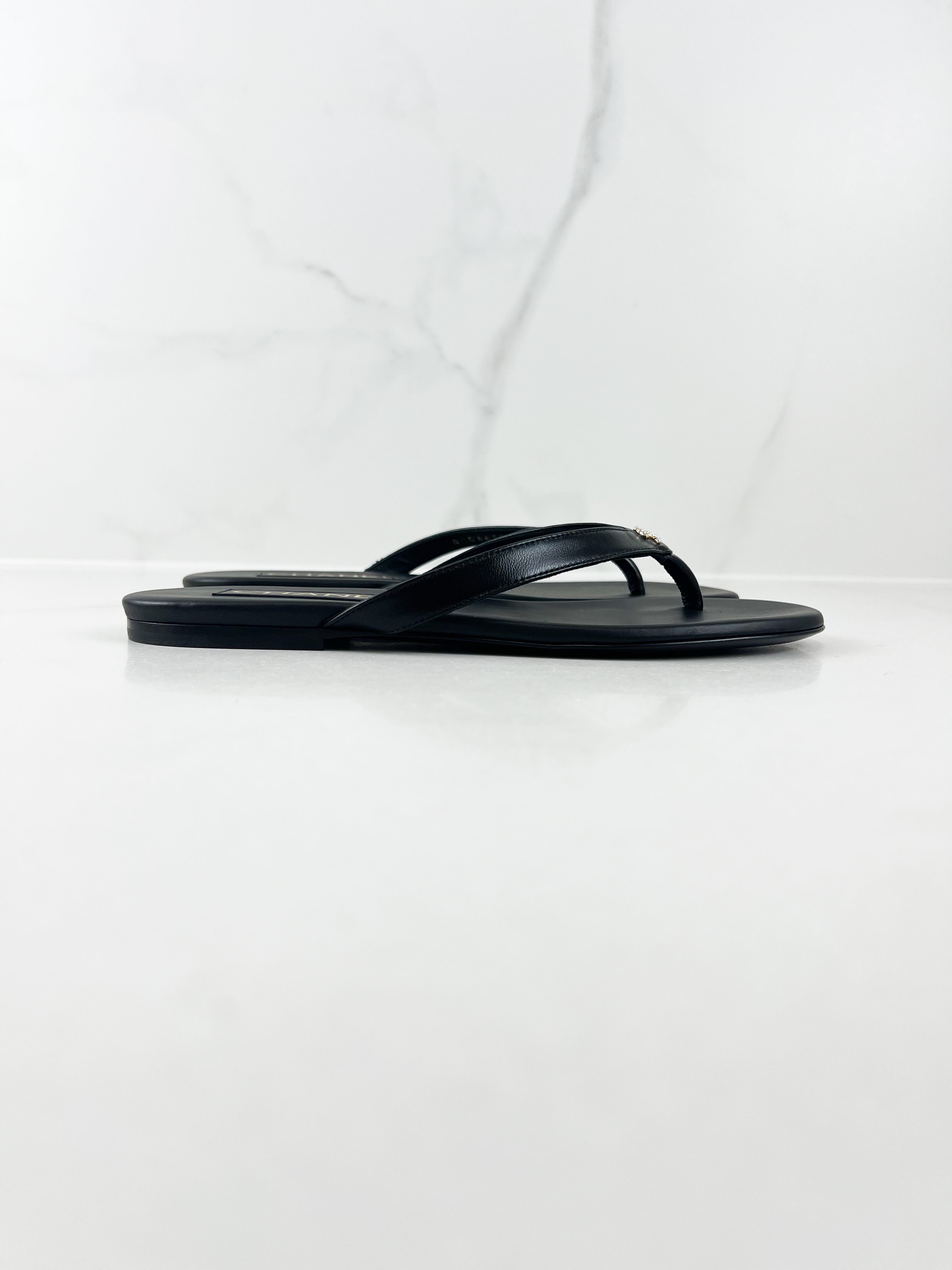Chanel Shiny Lambskin Crystal CC Thong Sandal Size 36C