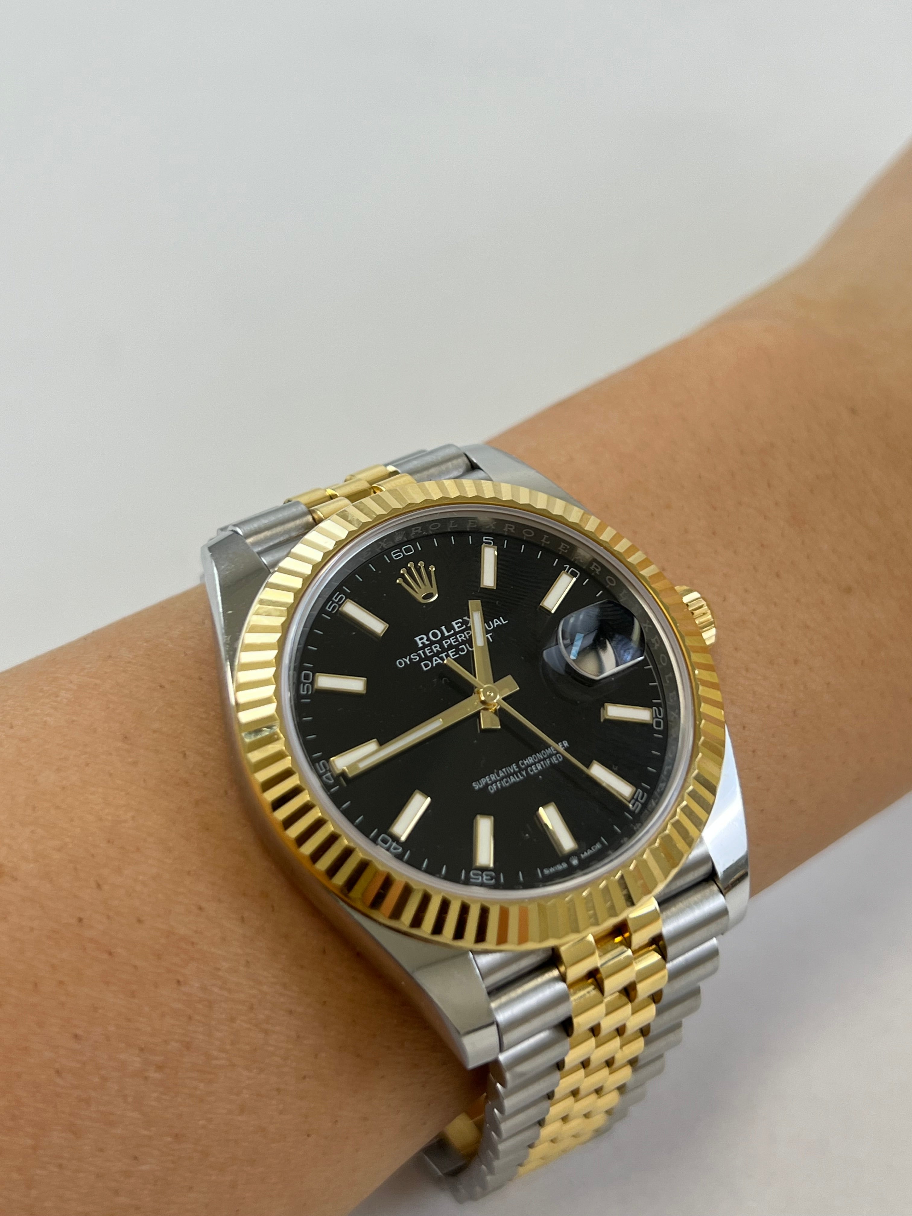 Rolex Datejust 41mm Fluted Bezel Jubilee Bracelet Black Face Stick Dial