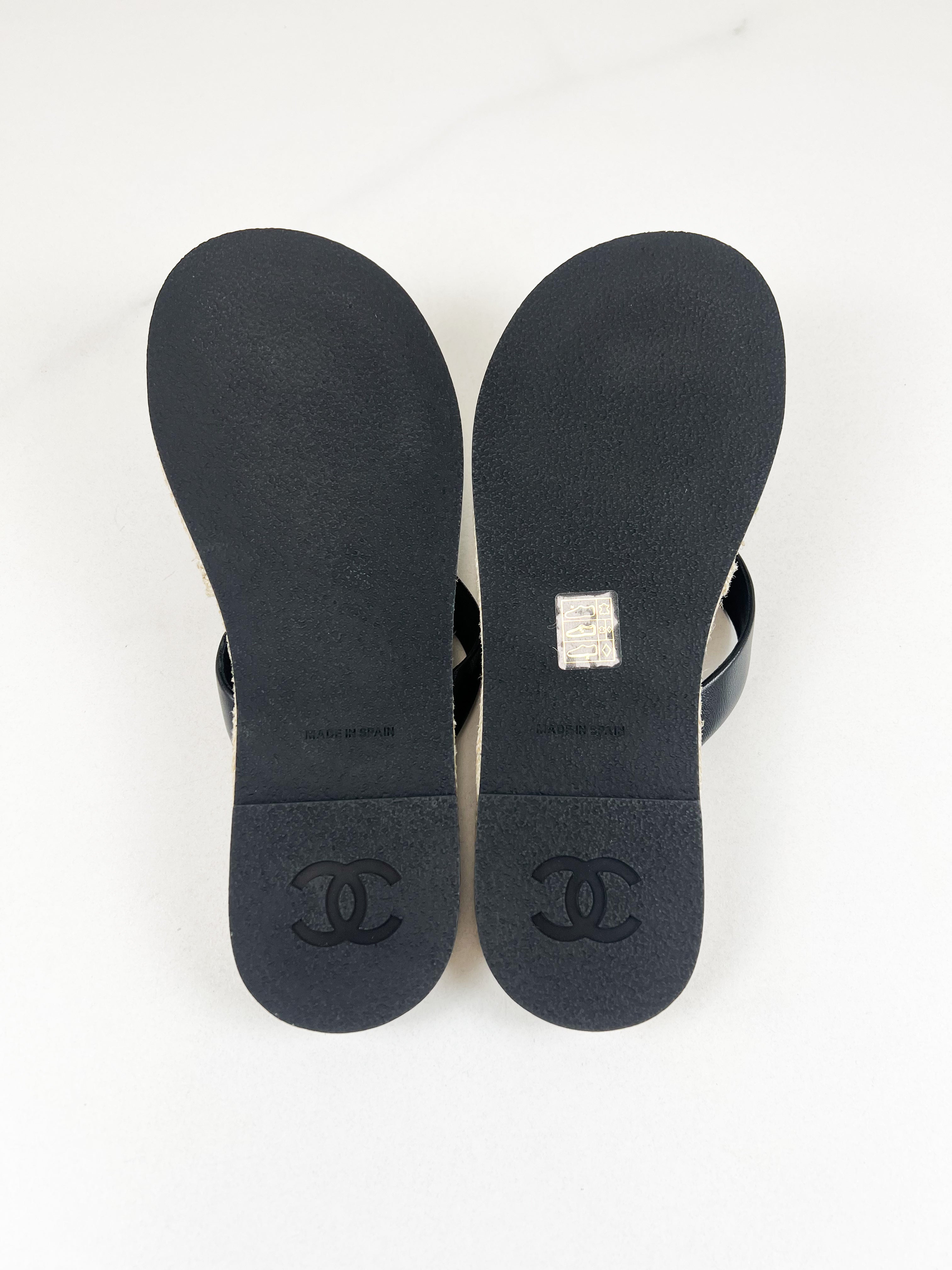 Chanel Black Raffia Thong Sandal with CC Logo GHW Size 39