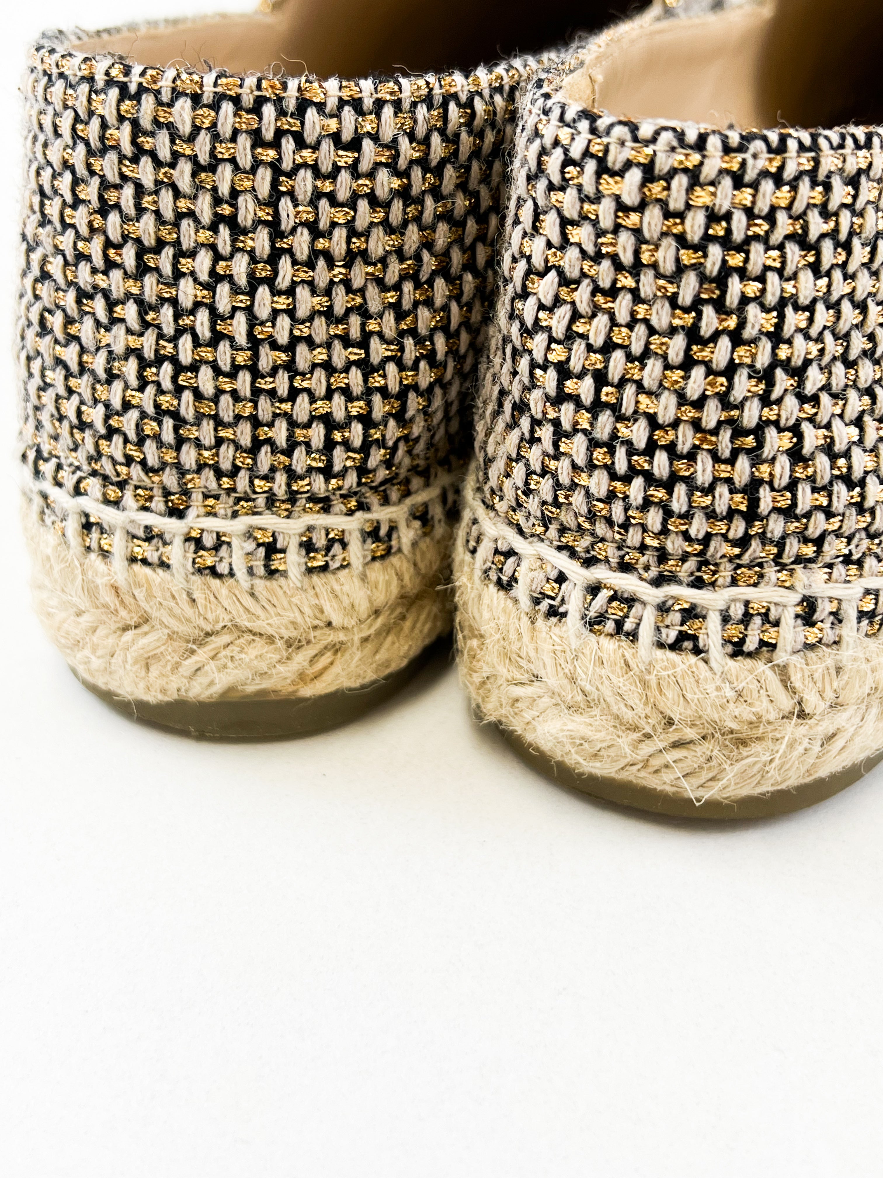 Chanel CC Gold & Black Fabric Espadrille Size 37