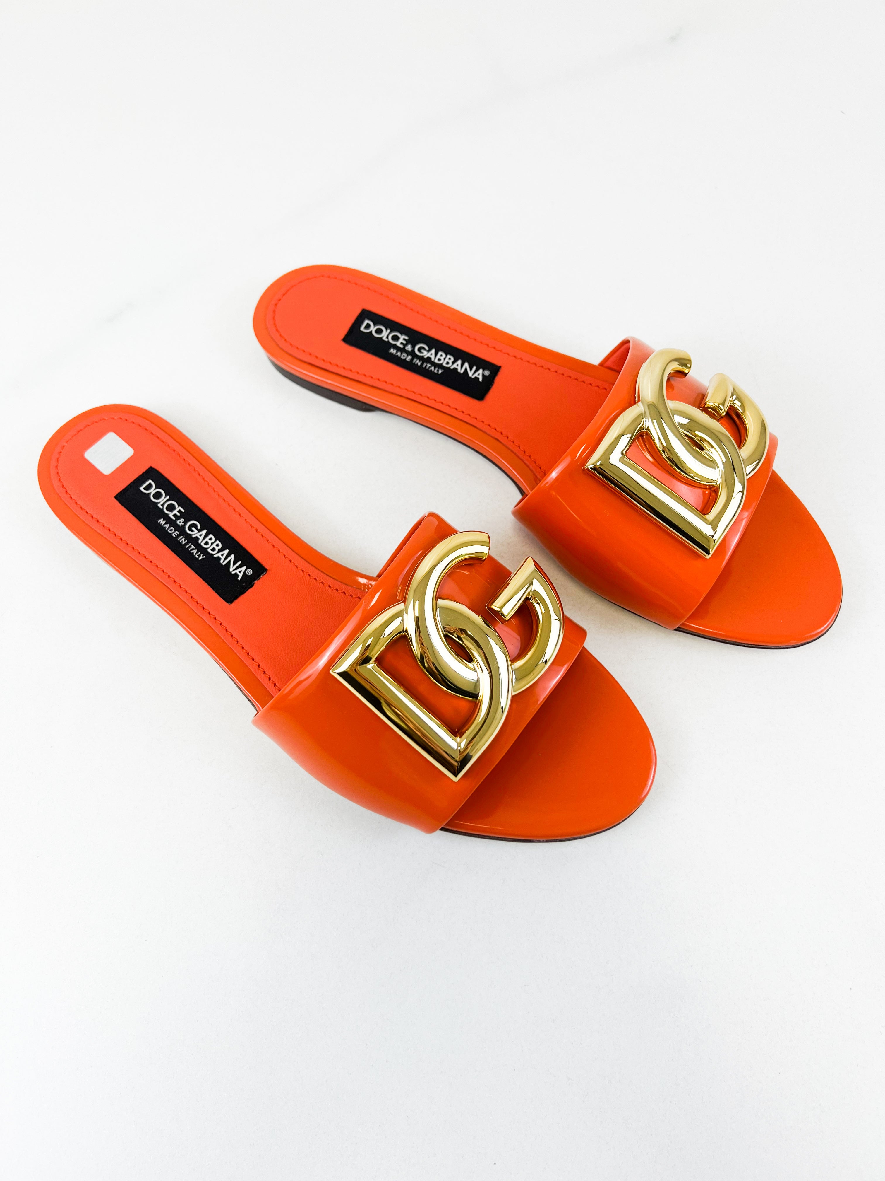 Dolce & Gabbana Orange Patent Leather Logo Slides Size 41