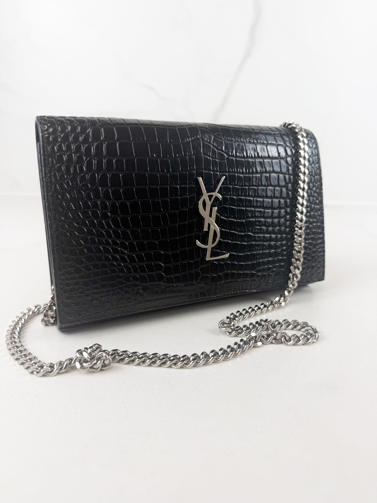Saint Laurent Black Kate Chain Bag in Embossed Croc Leather