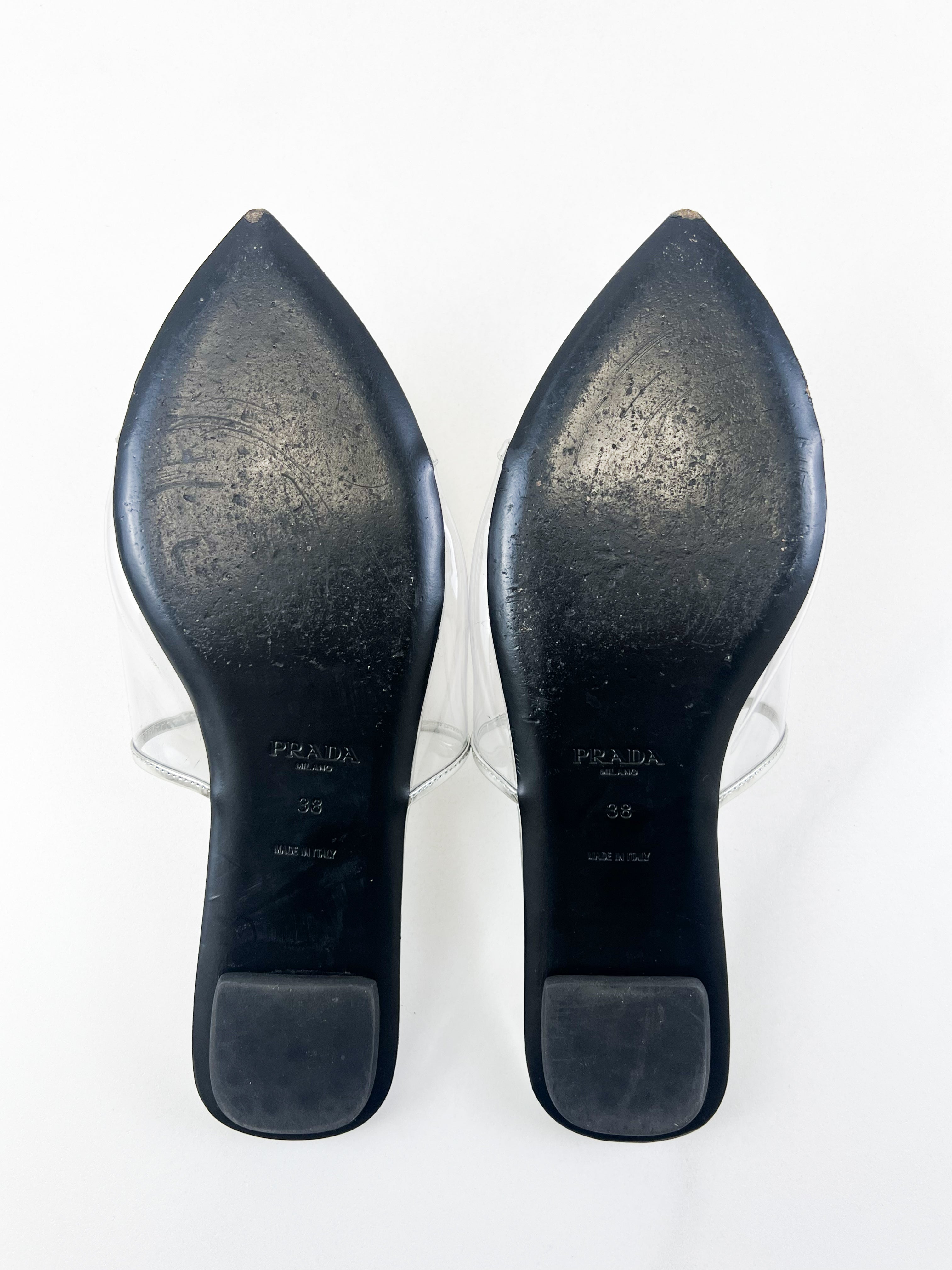Prada Leather Silver PVC Slides Size 38