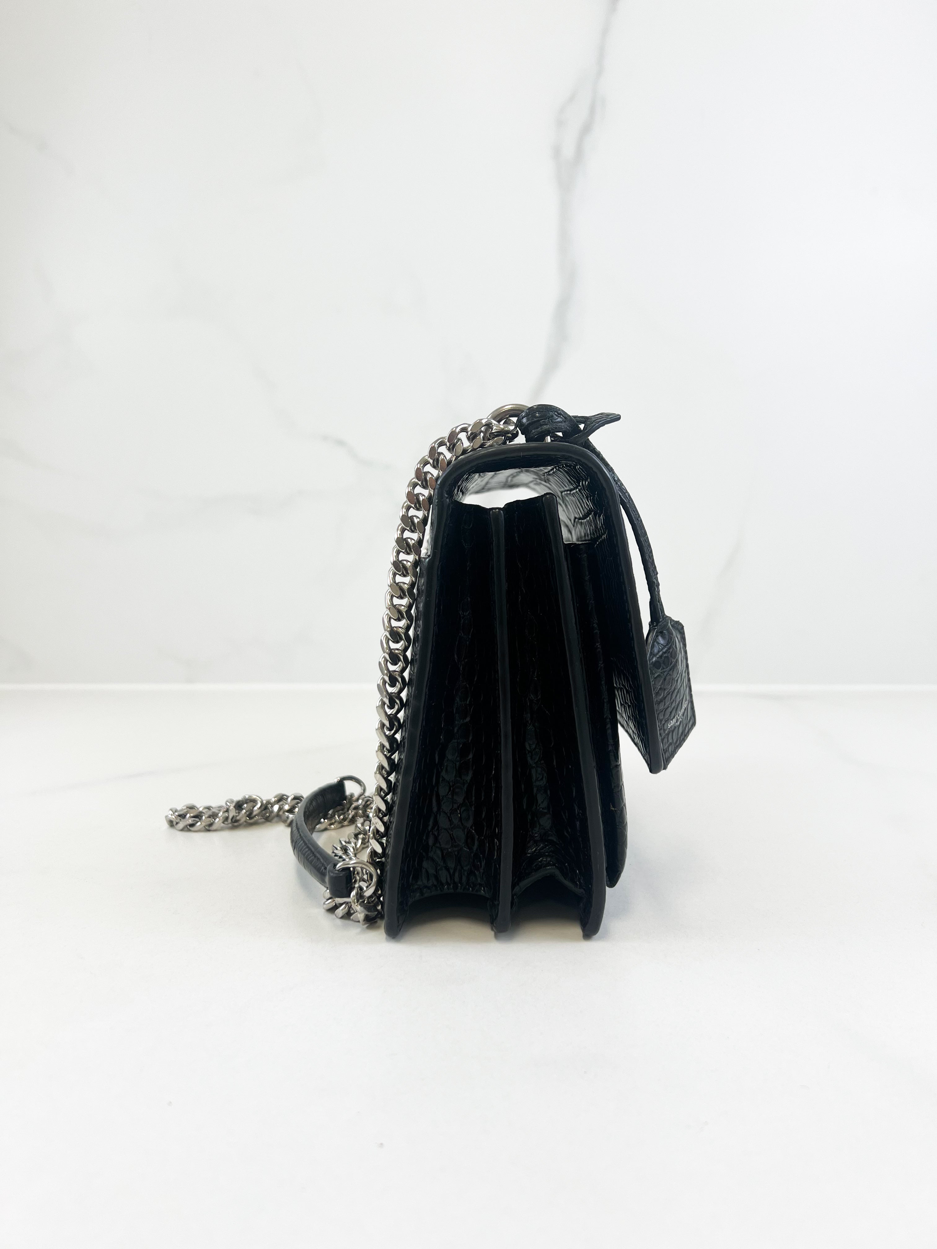 Saint Laurent Sunset Medium Black Croc Shoulder Bag with SHW