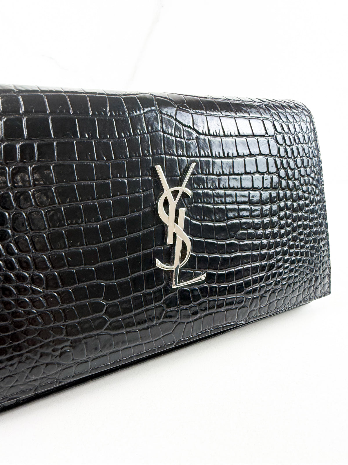 Saint Laurent Black Kate Chain Bag in Embossed Croc Leather
