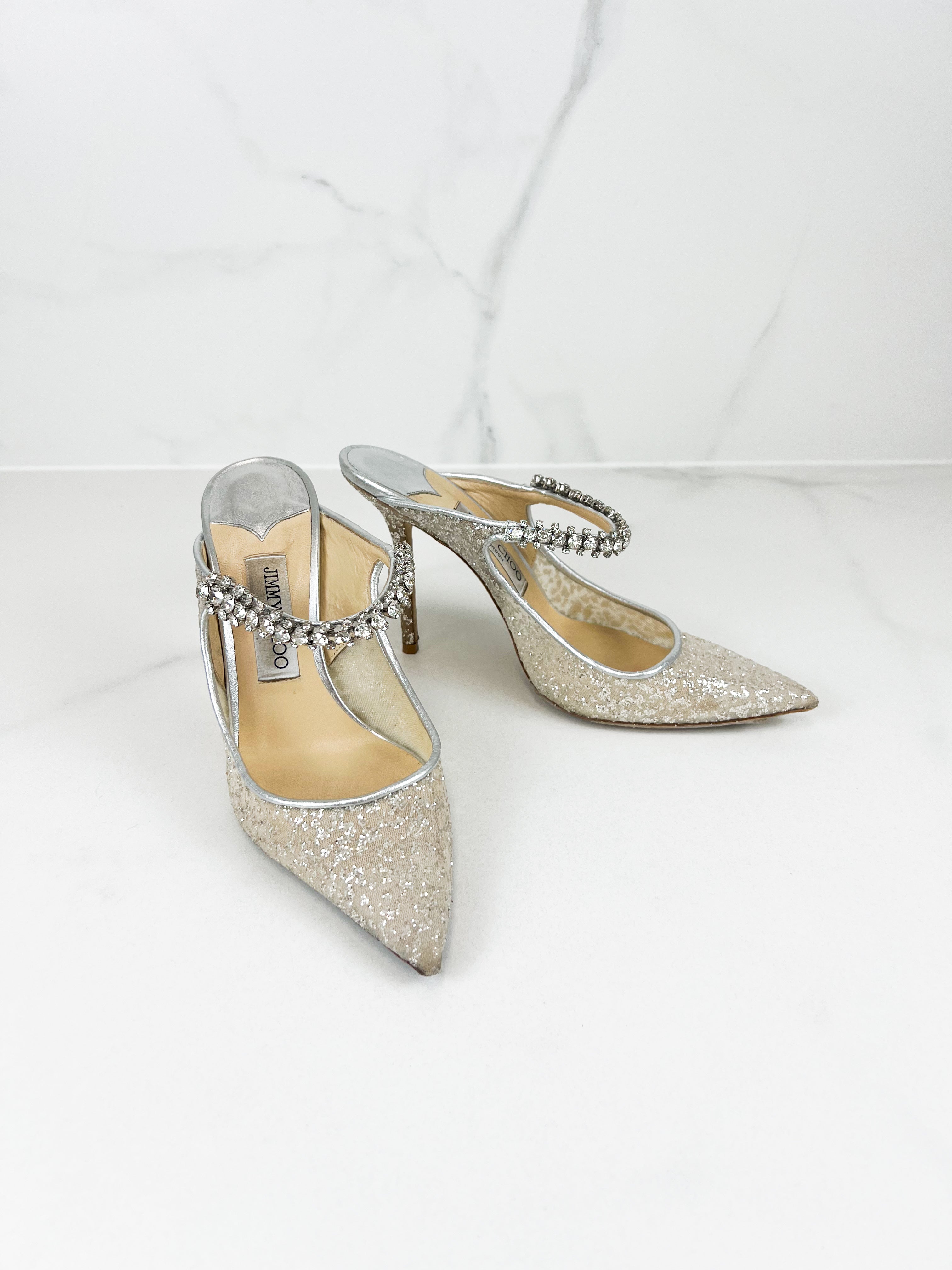 Jimmy Choo Bing Silver Glitter Fabric Mule Size 39