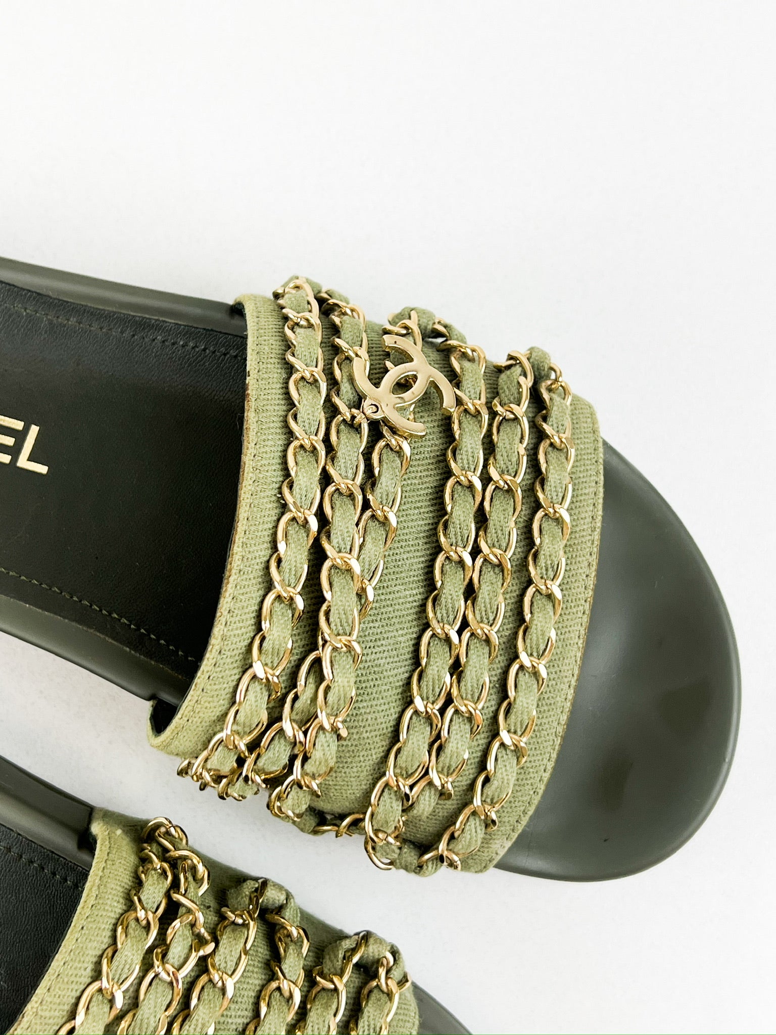 Chanel Khaki Tropiconic Chain Slides Size 37