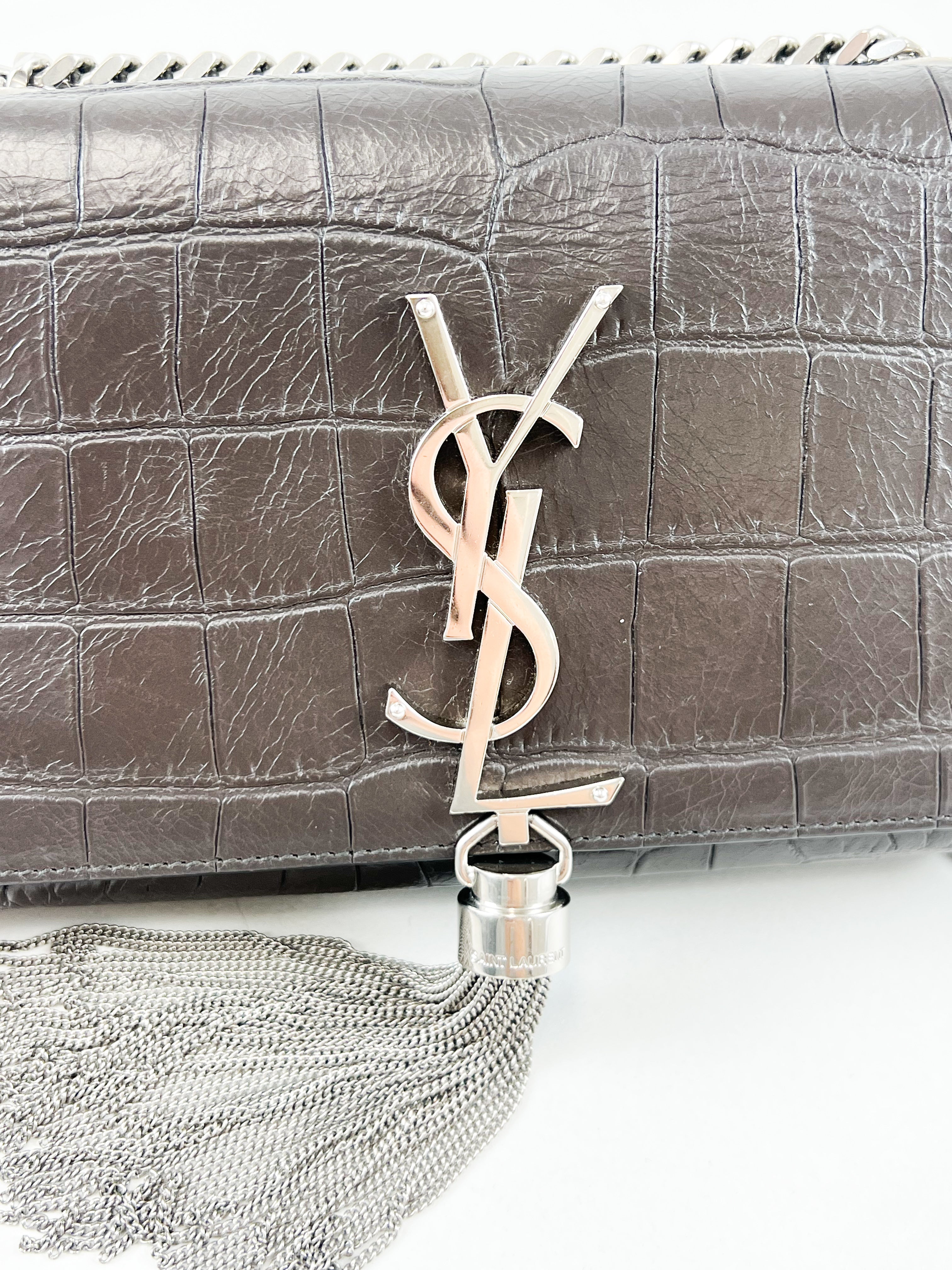 Saint Laurent Mini Kate Croc Embossed with SHW Tassel in Charcoal Brown