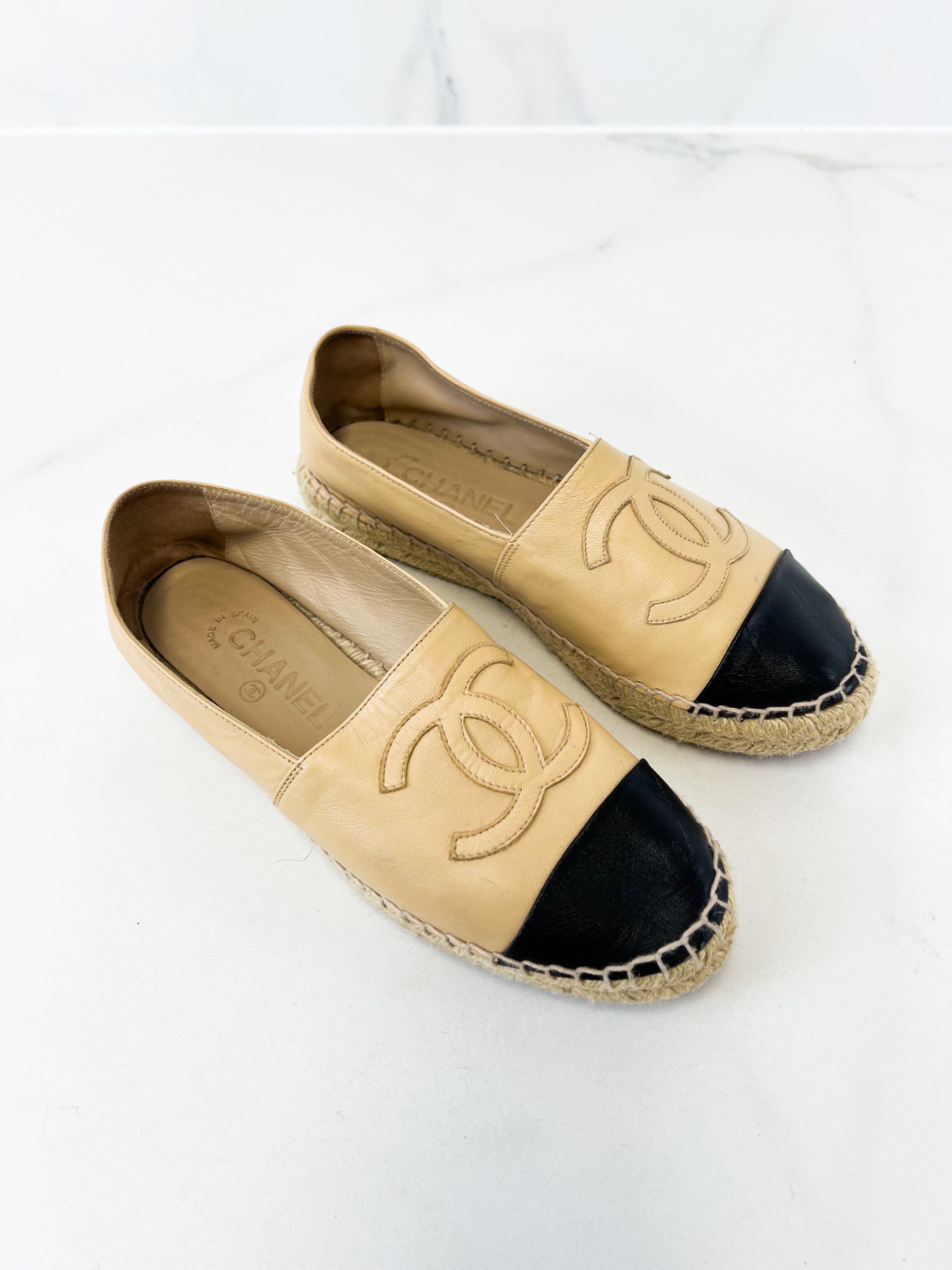 Chanel CC Logo Black & Beige Leather Espadrilles Size 38