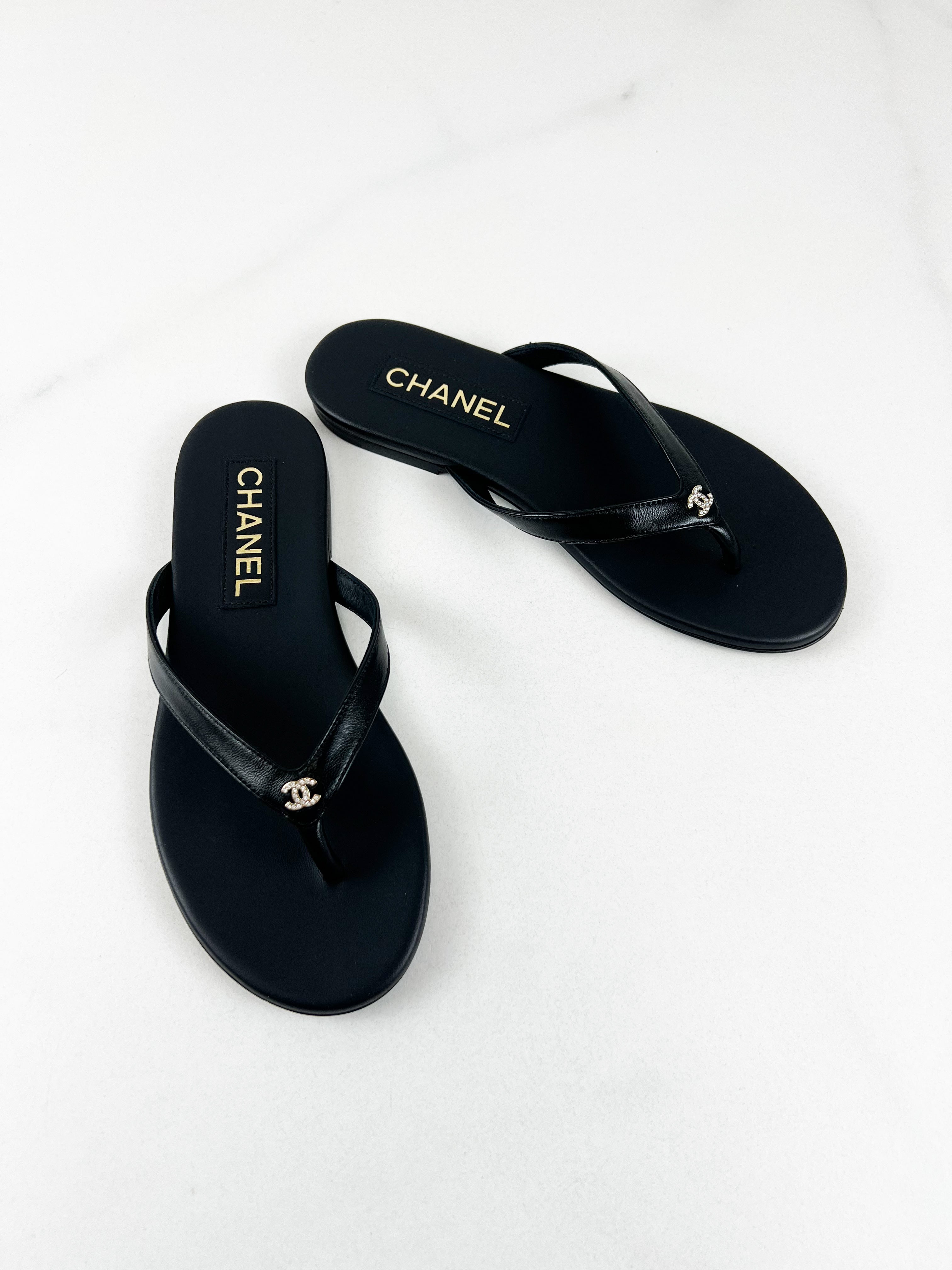 Chanel Shiny Lambskin Crystal CC Thong Sandal Size 36C