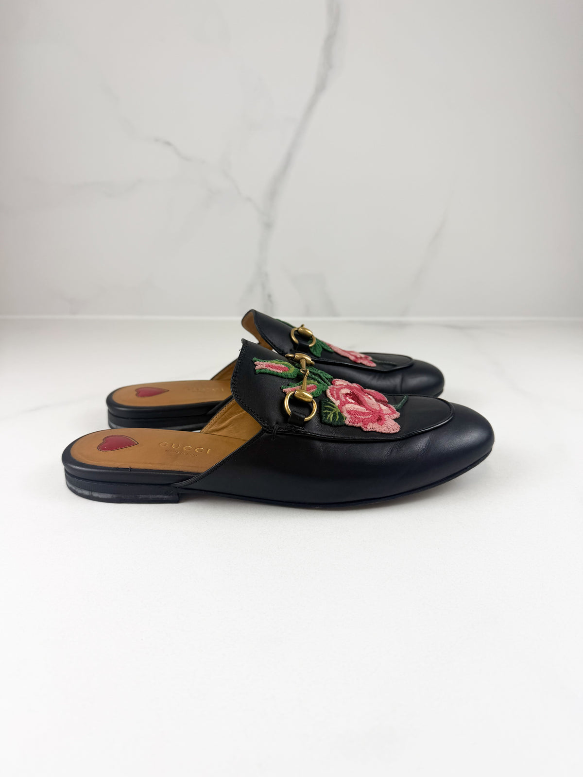 Gucci Princetown Rose Embroidered Leather Mule Size 38