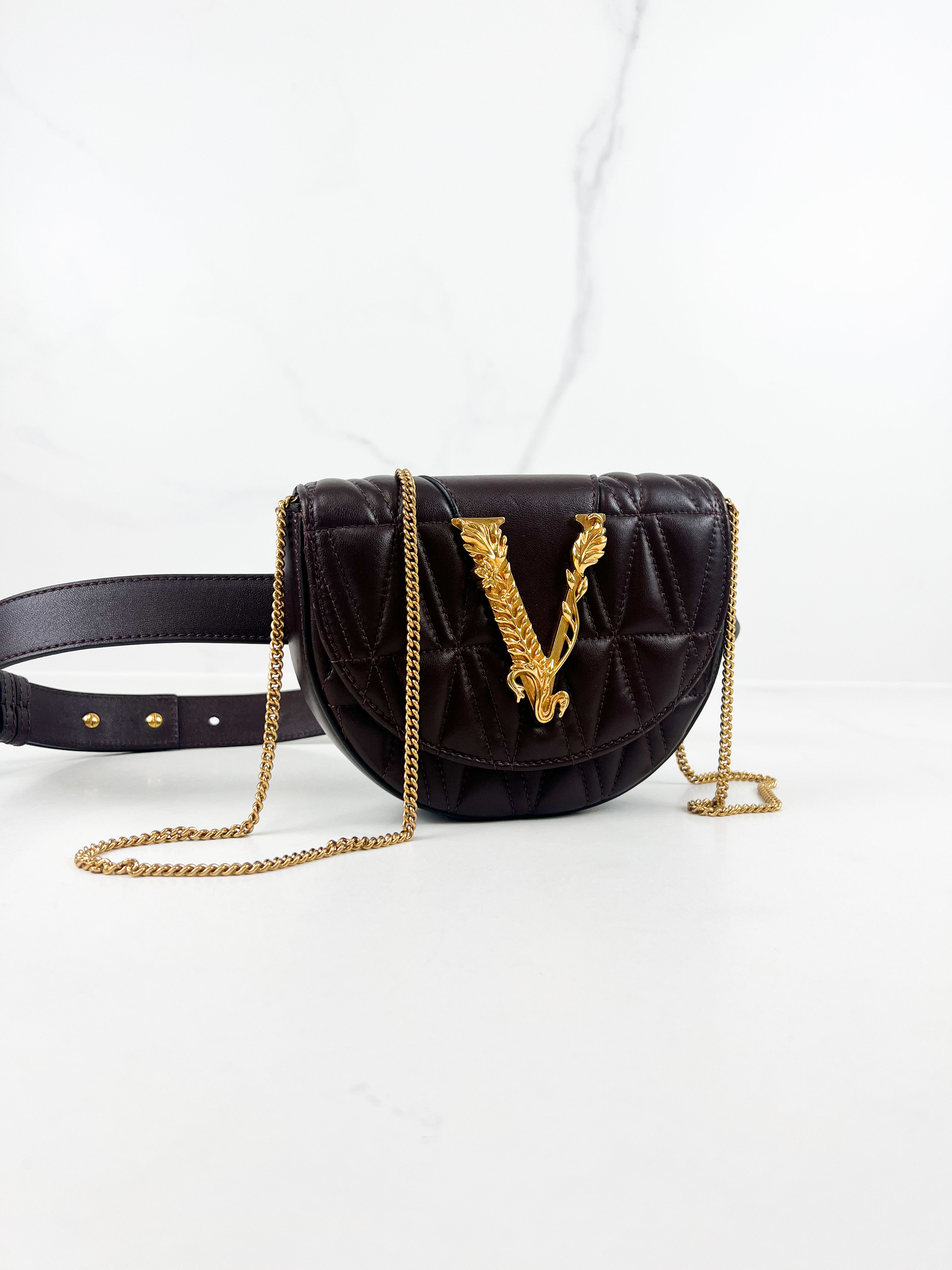 Versace V Logo Chocolate Leather Belt/Chain Bag