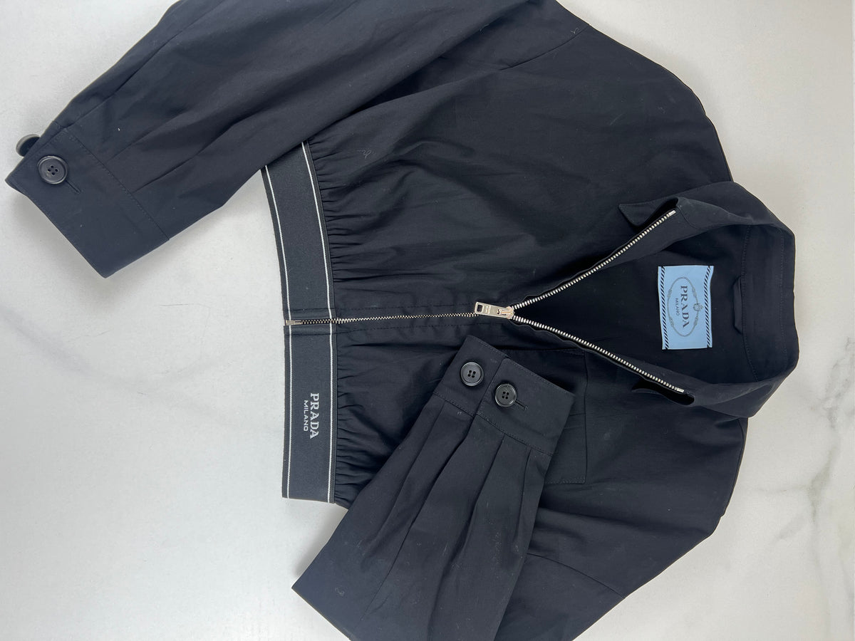 Prada Dark Navy Cropped Stretch Poplin Logo Band Jacket Size 36