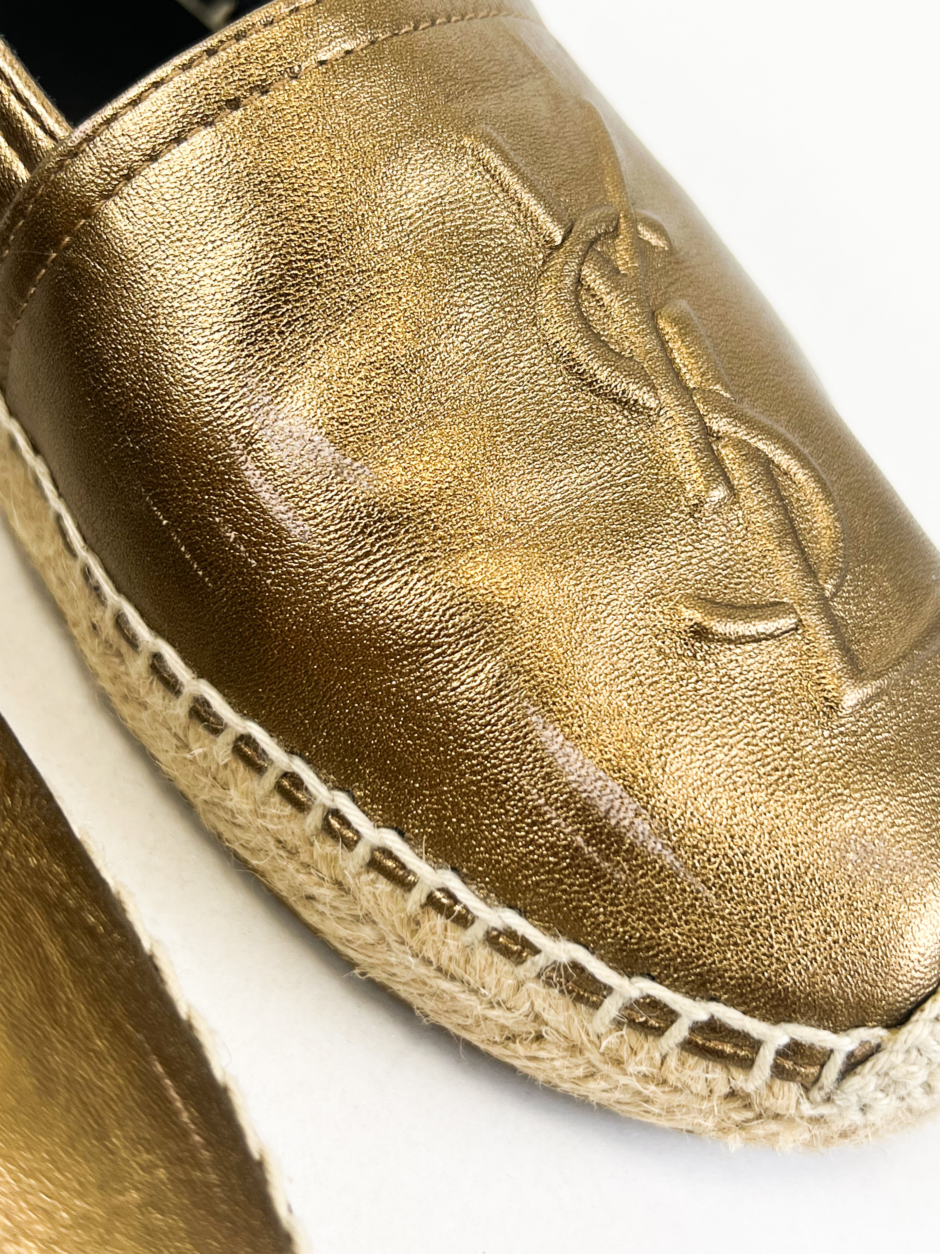 Saint Laurent Logo Espadrilles in Gold Size 35