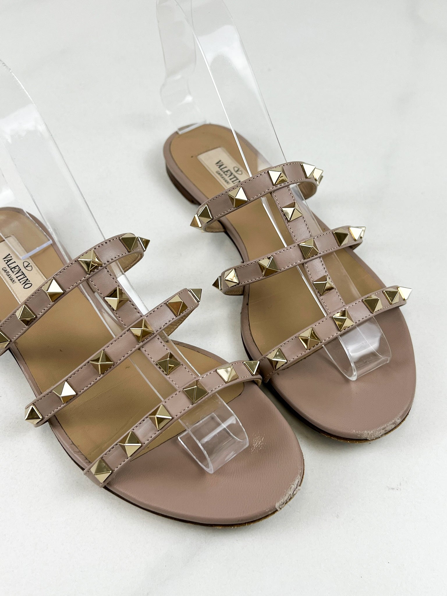 Valentino Garavani Caged Beige Rockstud Slides Size 36.5
