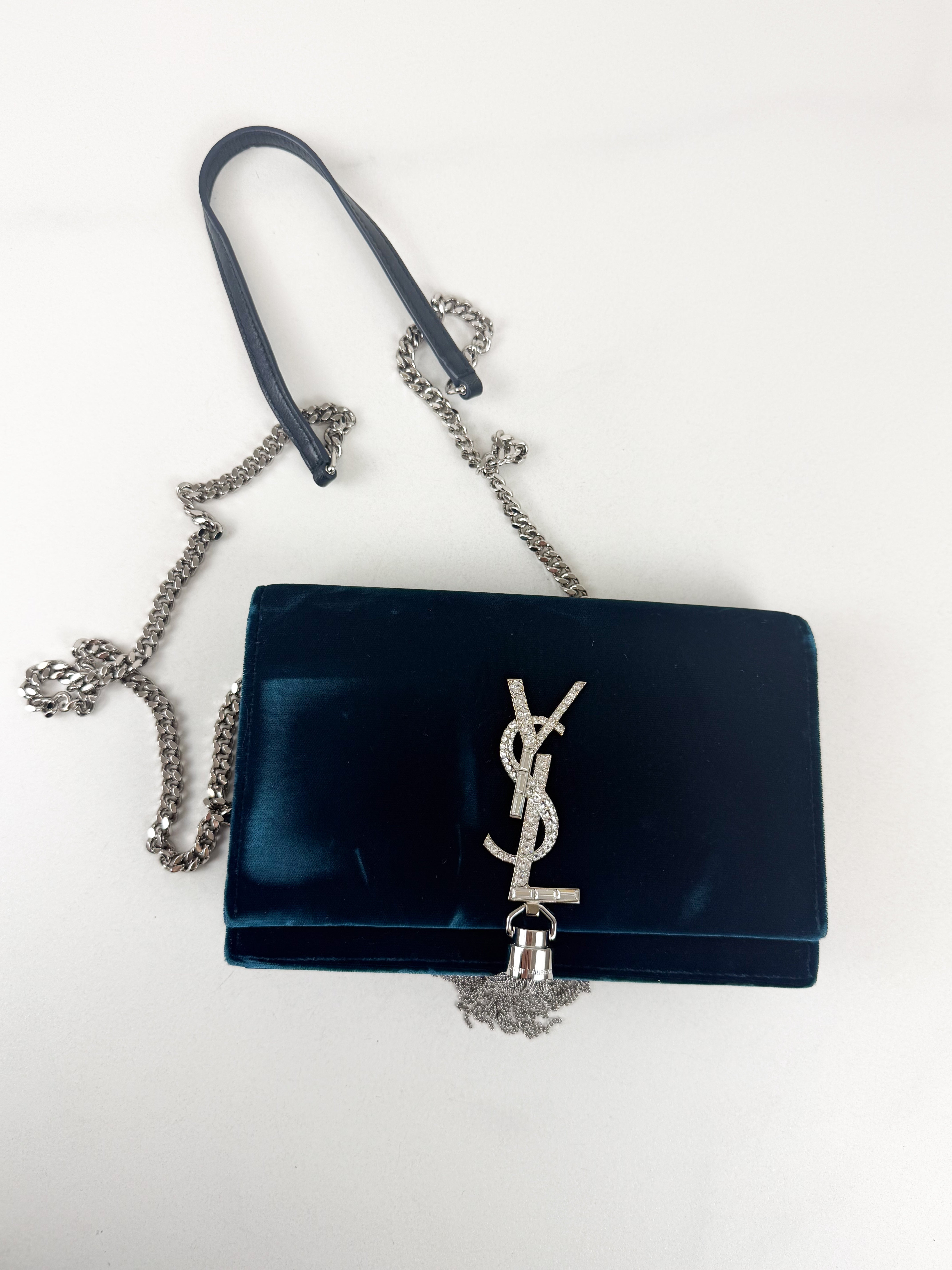 Saint Laurent Velvet Crystal Monogram Kate Tassel Chain Wallet in Blue