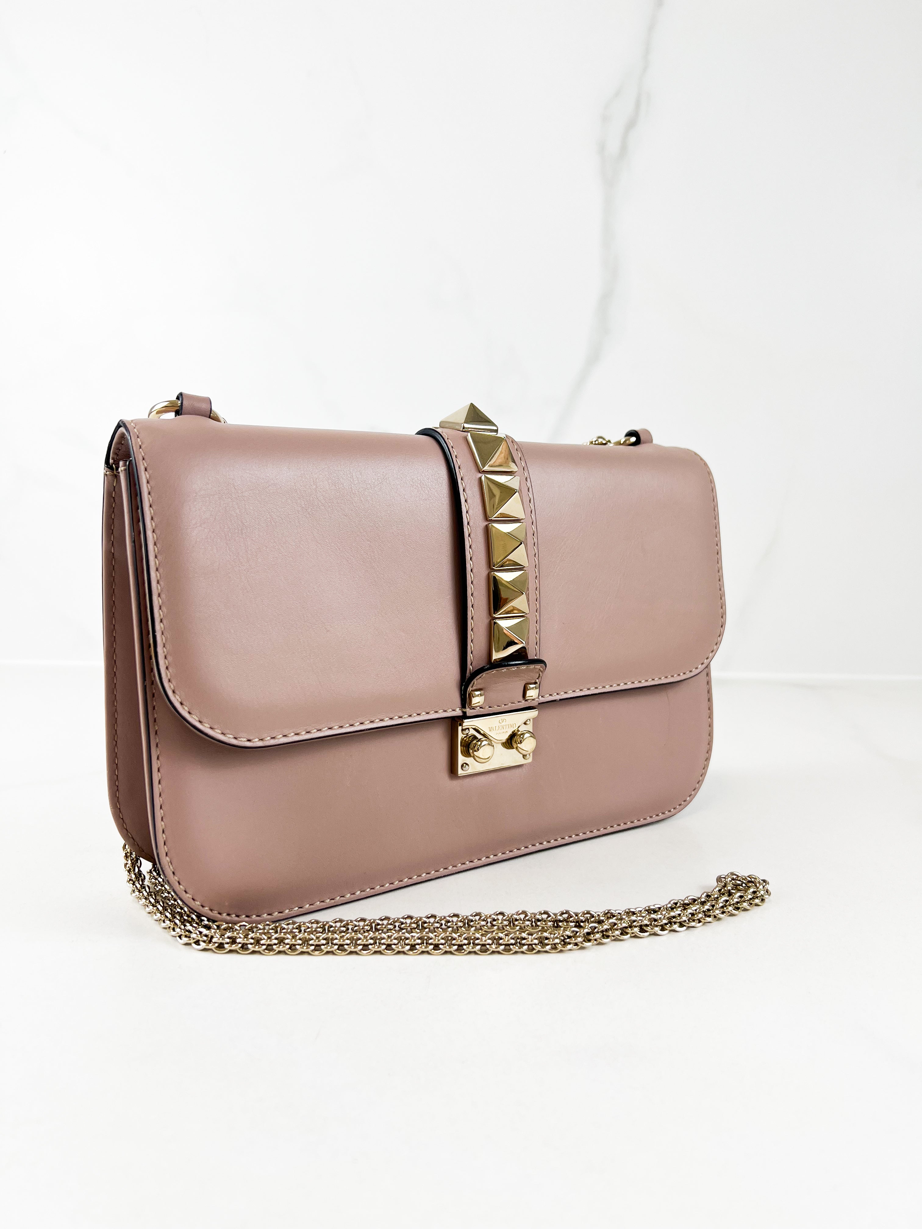 Valentino Garavani Pink/Beige Vitello Medium Glam Lock Rockstud Flap Bag