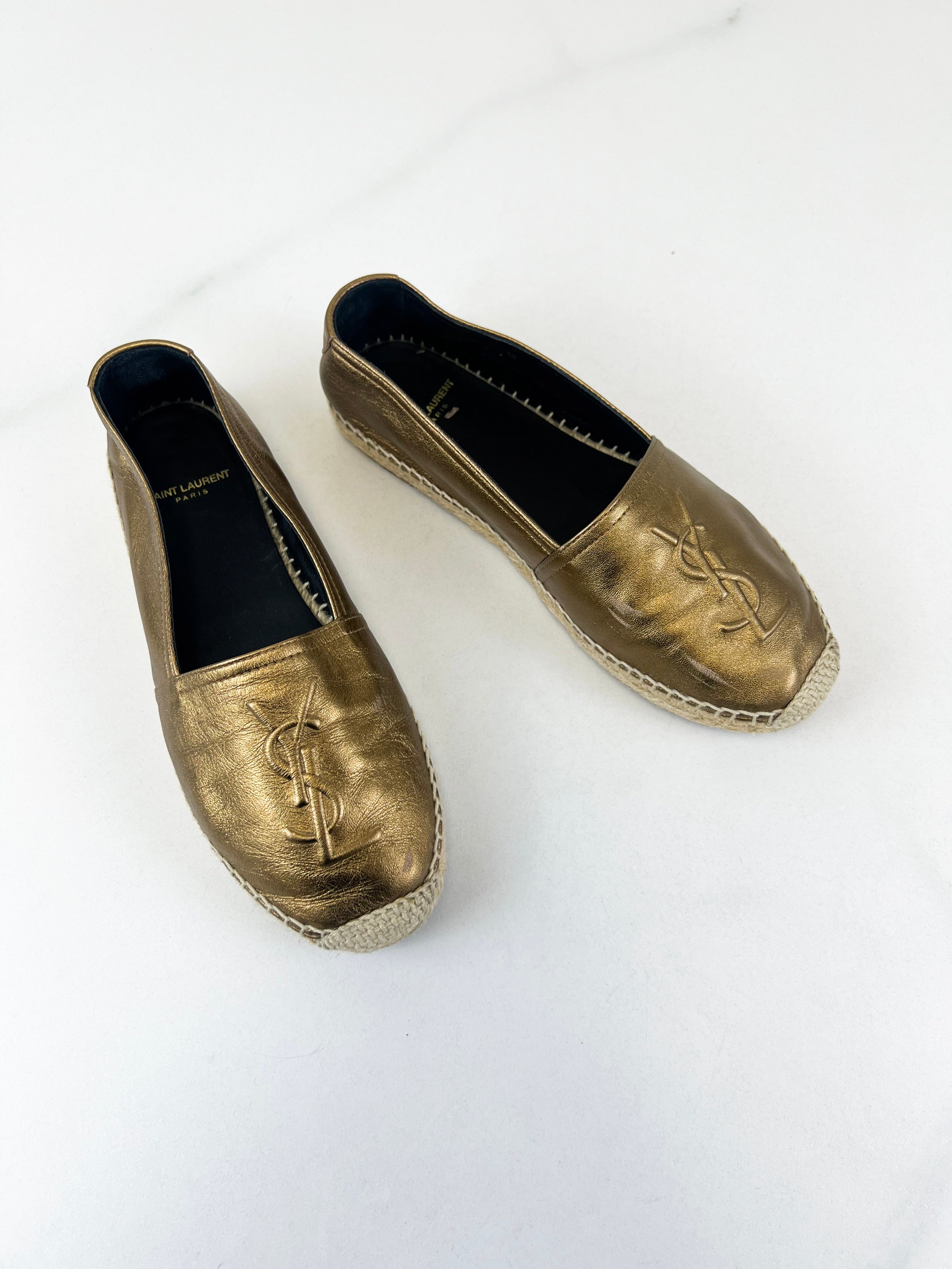 Saint Laurent Logo Espadrilles in Gold Size 35