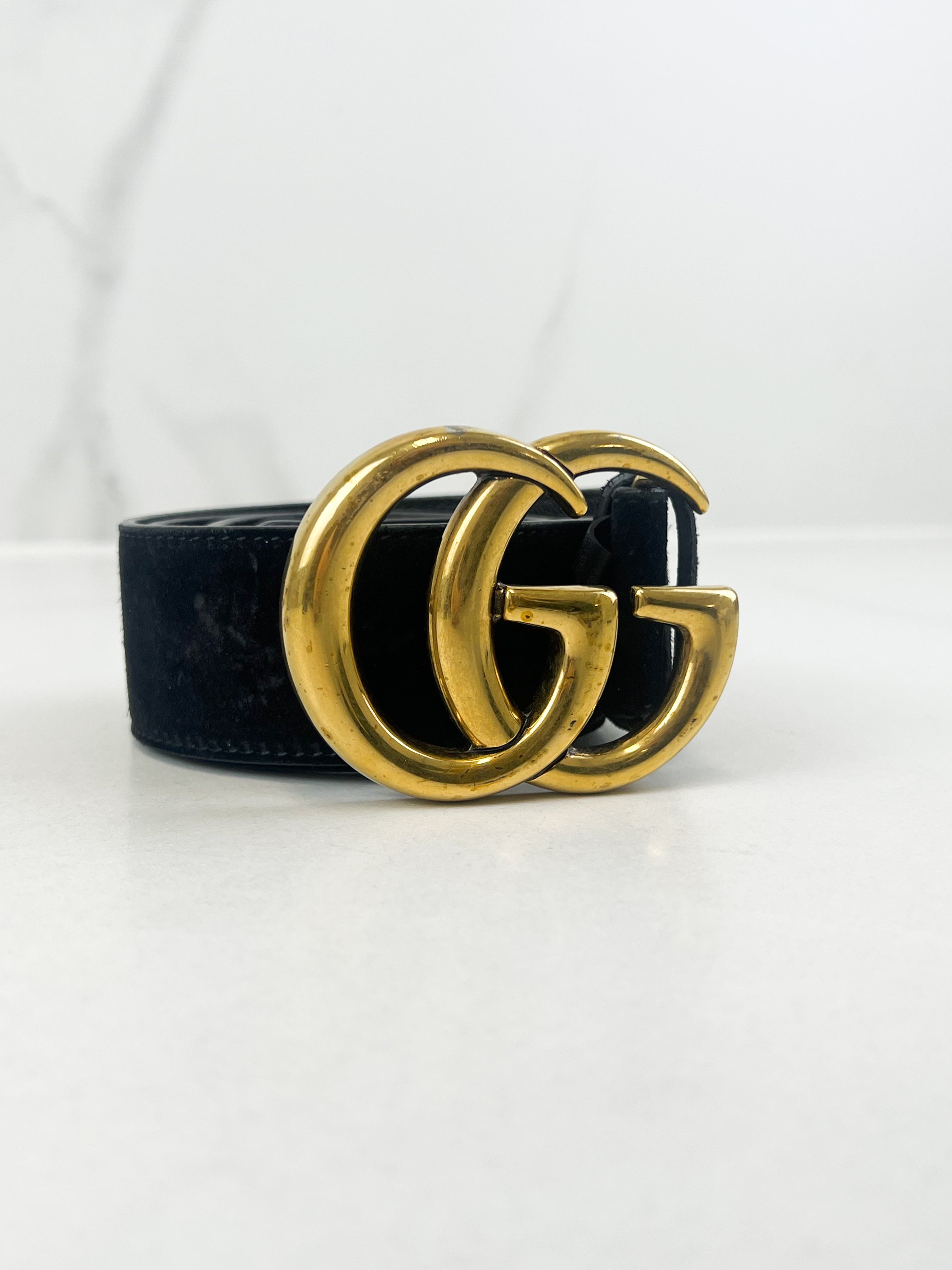 Gucci GG Velvet Belt 40mm with Gold tone Floral Detail in Size 85