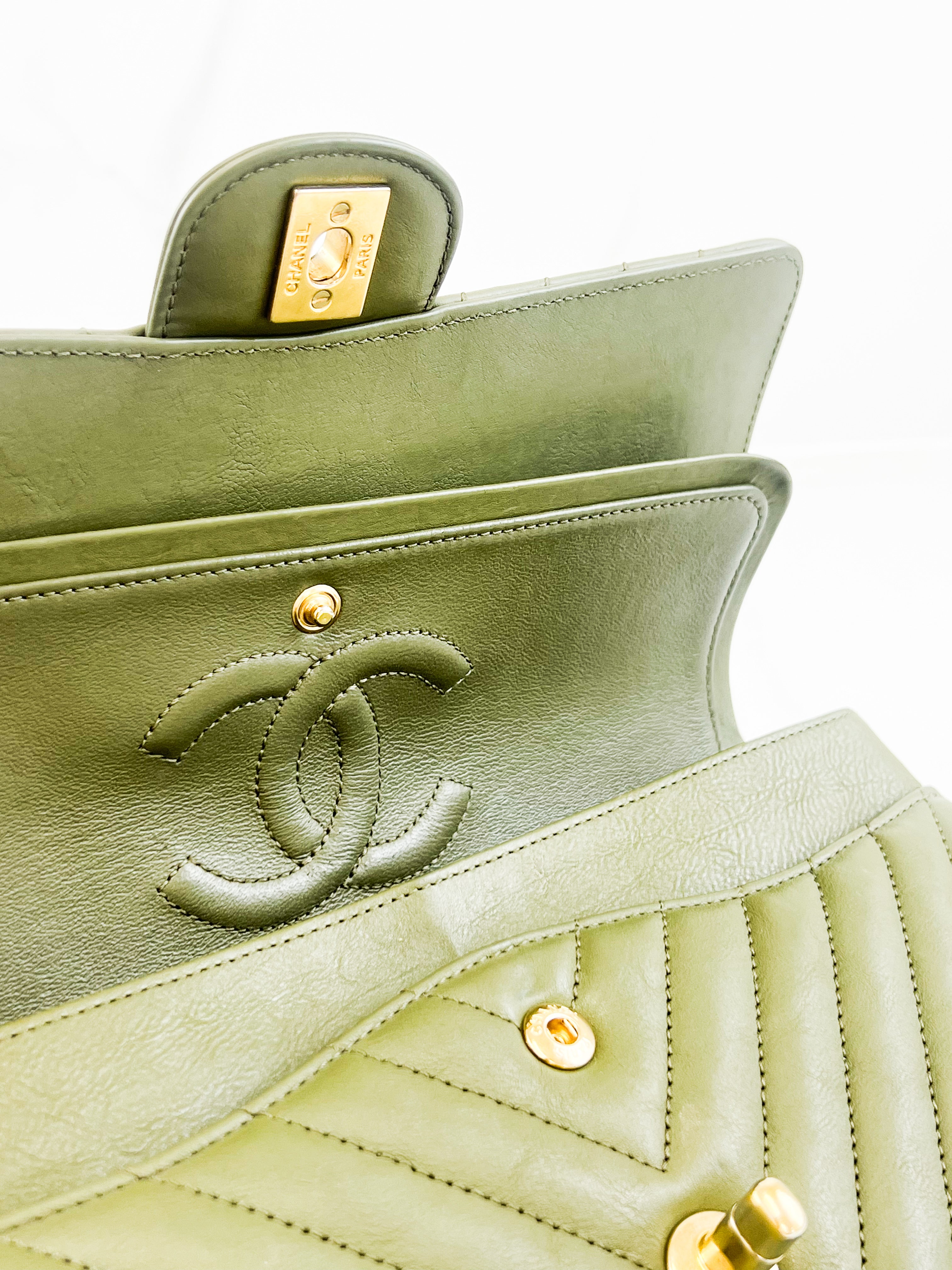 Chanel CC Medium Calfskin Olive Green Classic Double Flap Shoulder Bag GHW