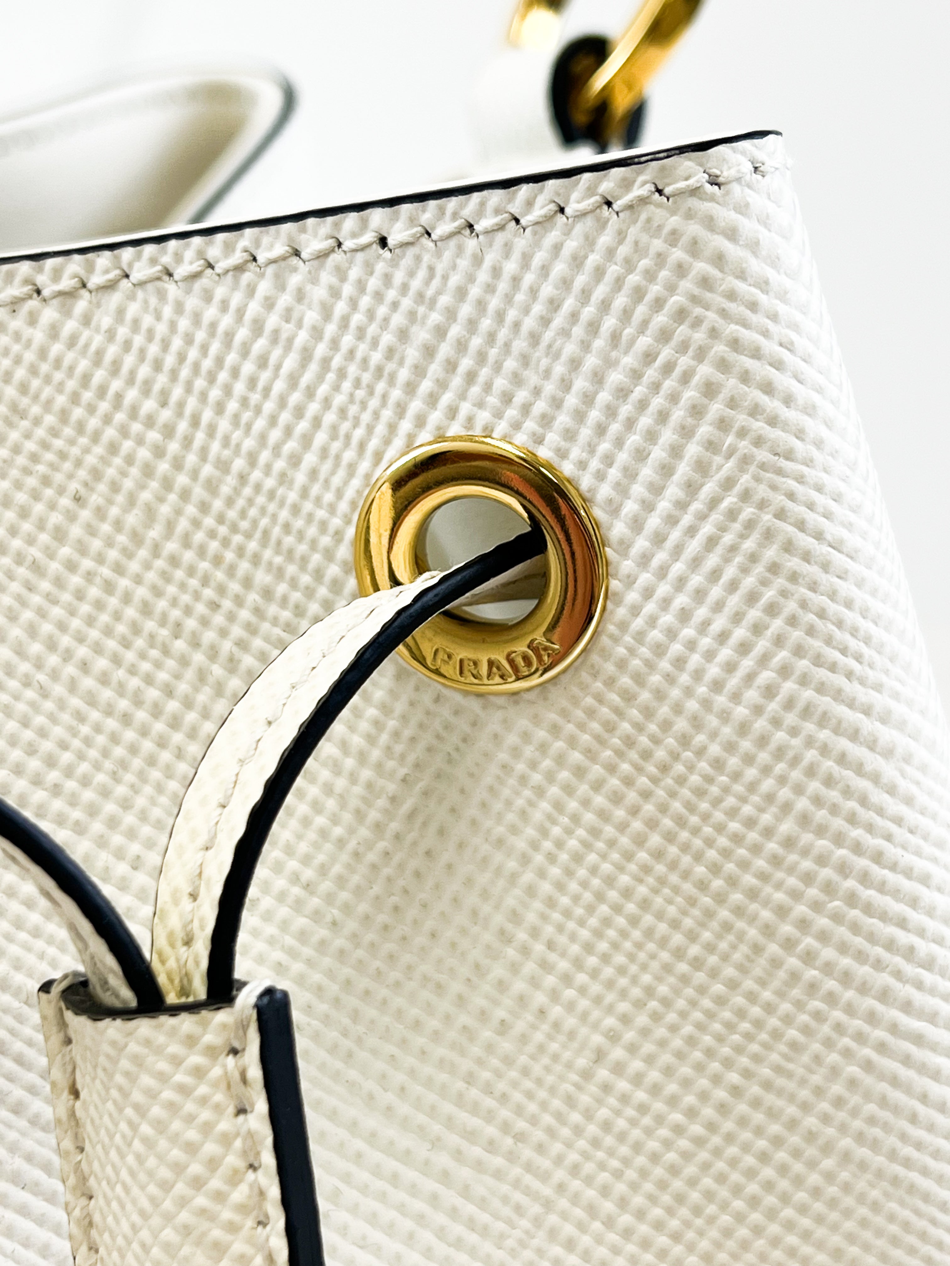 Prada Saffiano Top Handle Bucket Bag in White