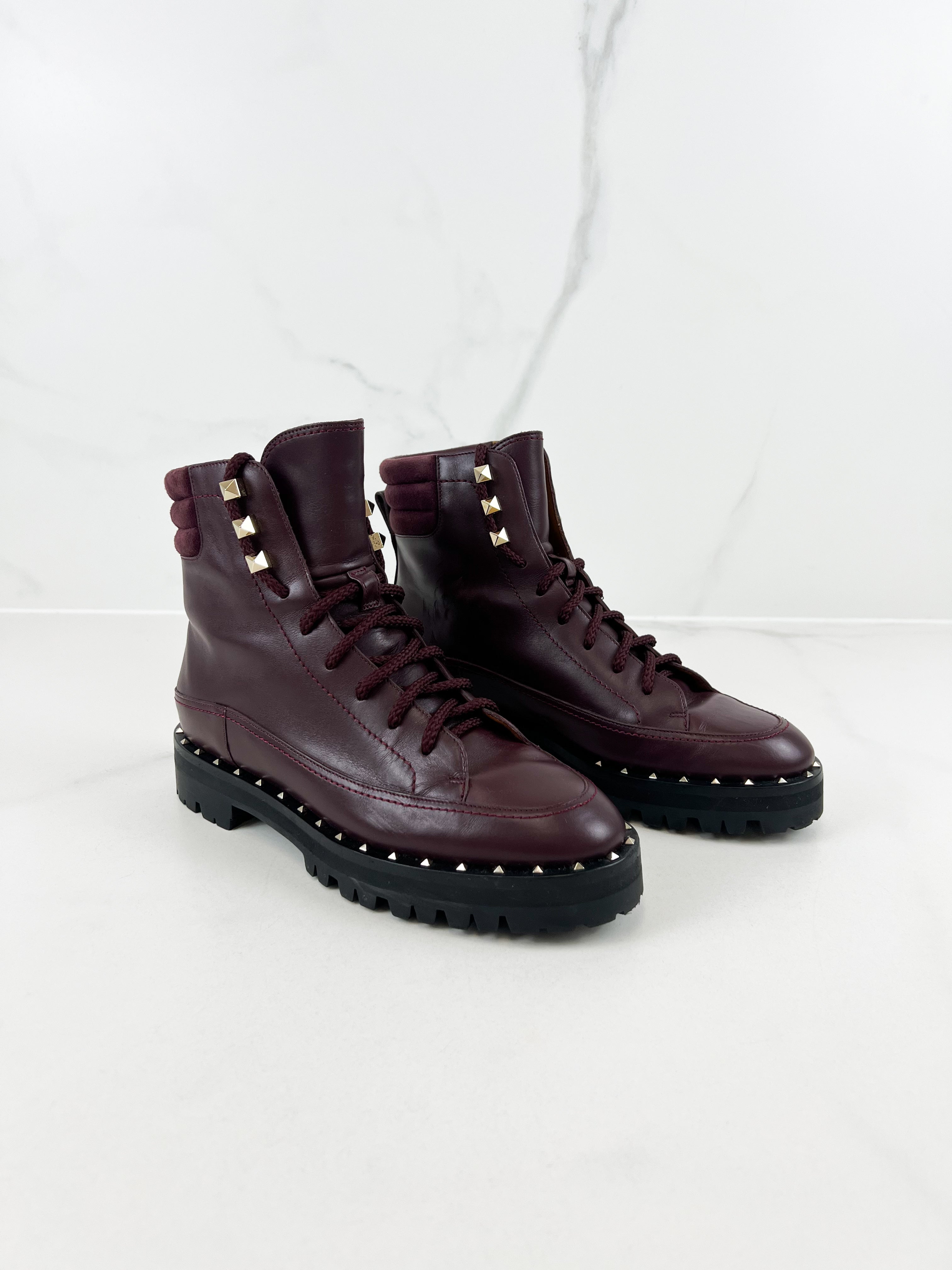 Valentino Garavani Rockstud Leather Combat Boots in Burgundy Size 36