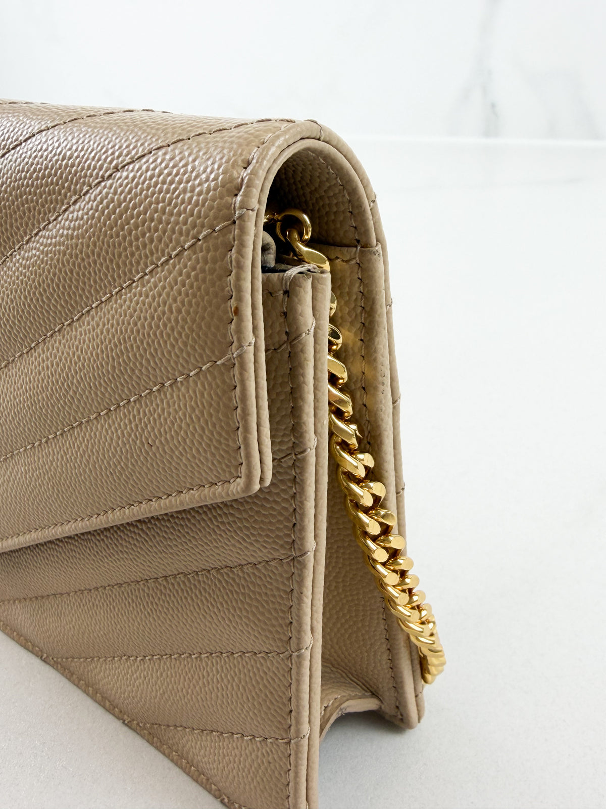 Saint Laurent Dark Beige Cassandre Envelope WOC in Grain De Poudre Leather with GHW